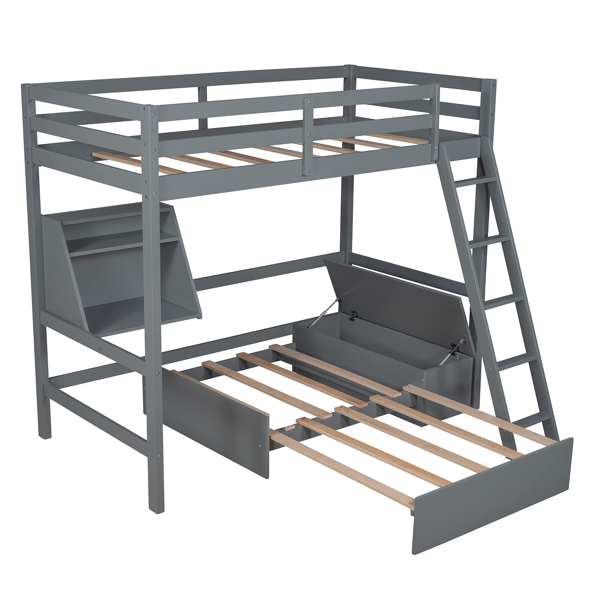 **Twin Loft Bed with Storage Shelf & Convertible Lower Bed - Kids Bunk Bed with Drawer, Ladder & Separated Design - Gray Loft Bed for Teens, Adults - Perfect for Small Bedrooms, Dorms & Guest Rooms**