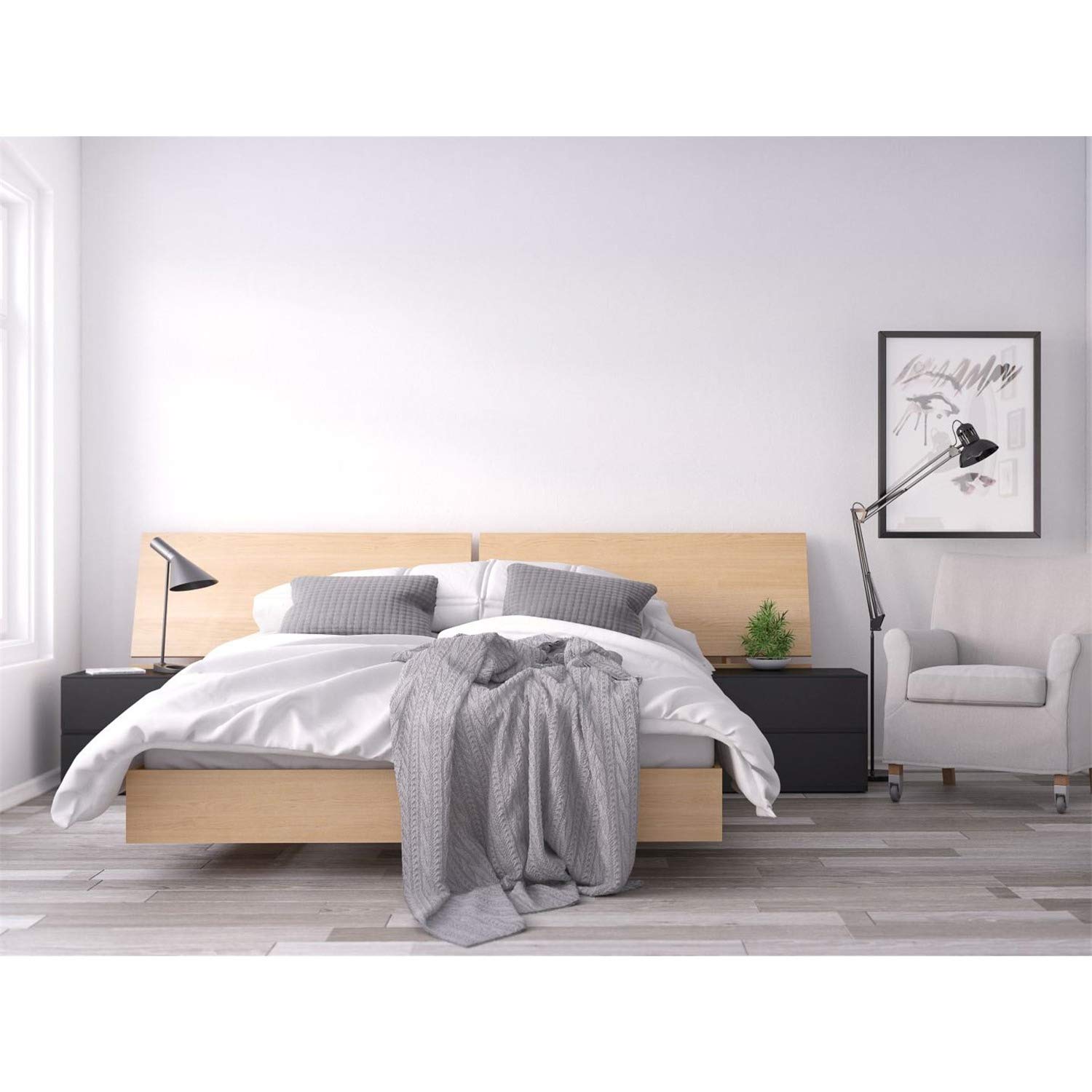 Nexera 4-Piece Queen Bed Frame Set with Headboard & Nightstands - Natural Maple & Black Modern Bedroom Furniture for Master Bedroom, Guest Room, or Apartment