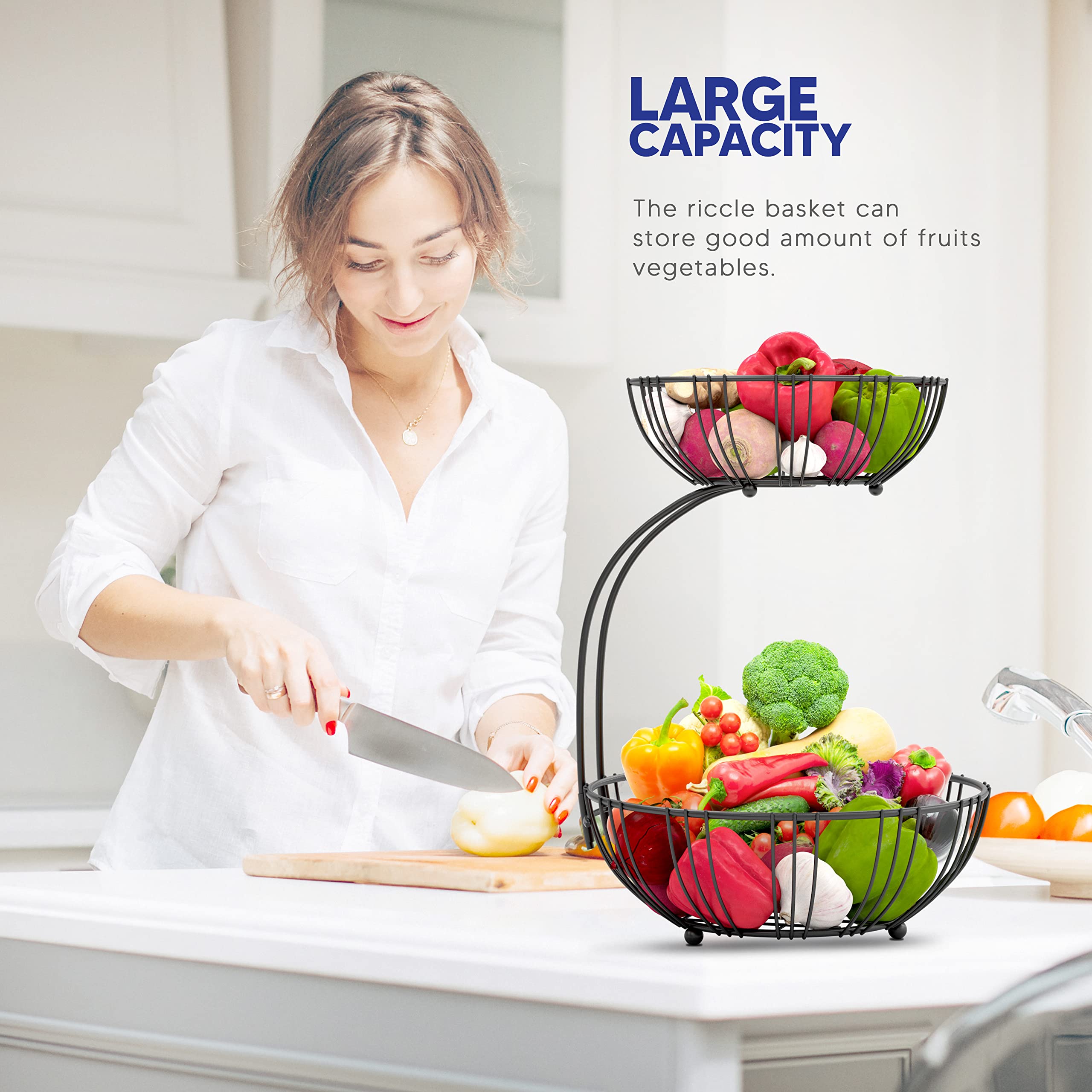 RICCLE Double Layer Metal Wire Fruit Basket with Banana Hanger - Rustproof Kitchen Countertop Organizer for Fruits, Vegetables & Produce - Perfect for Kitchen Counter, Dining Table & Pantry Storage