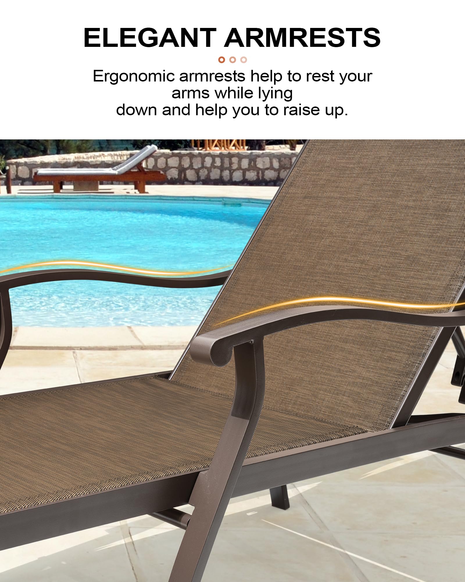 Crestlive 3-Piece Aluminum Chaise Lounge Set - 5-Position Adjustable Patio Recliners, All-Weather Outdoor Lounge Chairs for Poolside, Beach, Backyard & Garden (Brown) - Perfect for Sunbathing, Relaxing & Outdoor Entertaining