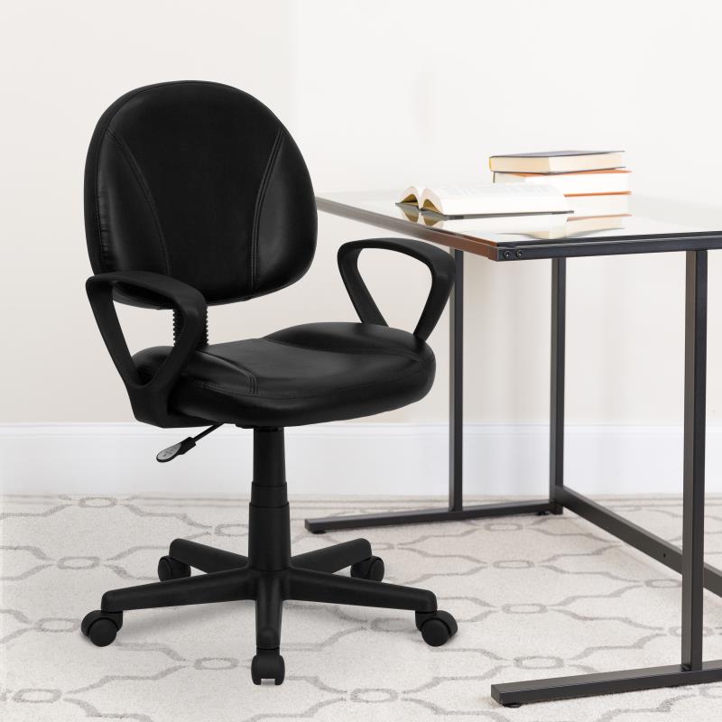 Ergonomic Mid Back Black Leather Swivel Office Chair with Adjustable Back Depth & Arms - Comfortable Task Chair for Home Office, Gaming & Workspaces