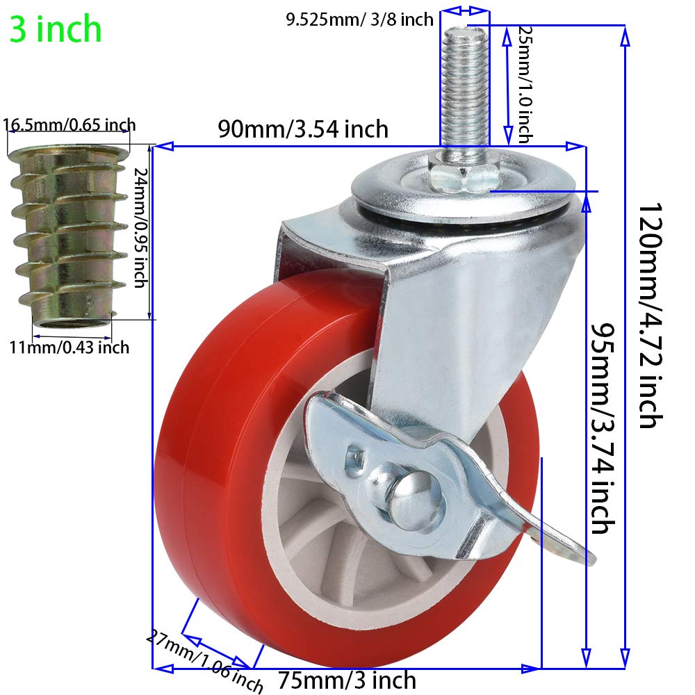 DICASAL 3 Inch Heavy Duty Swivel Casters with 3/8-16x25mm Stem Thread - Red PVC Wheels for Furniture, Carts & DIY Tools (4 Pack) | Durable, Wear-Resistant Castors for Workshop, Garage & Industrial Use