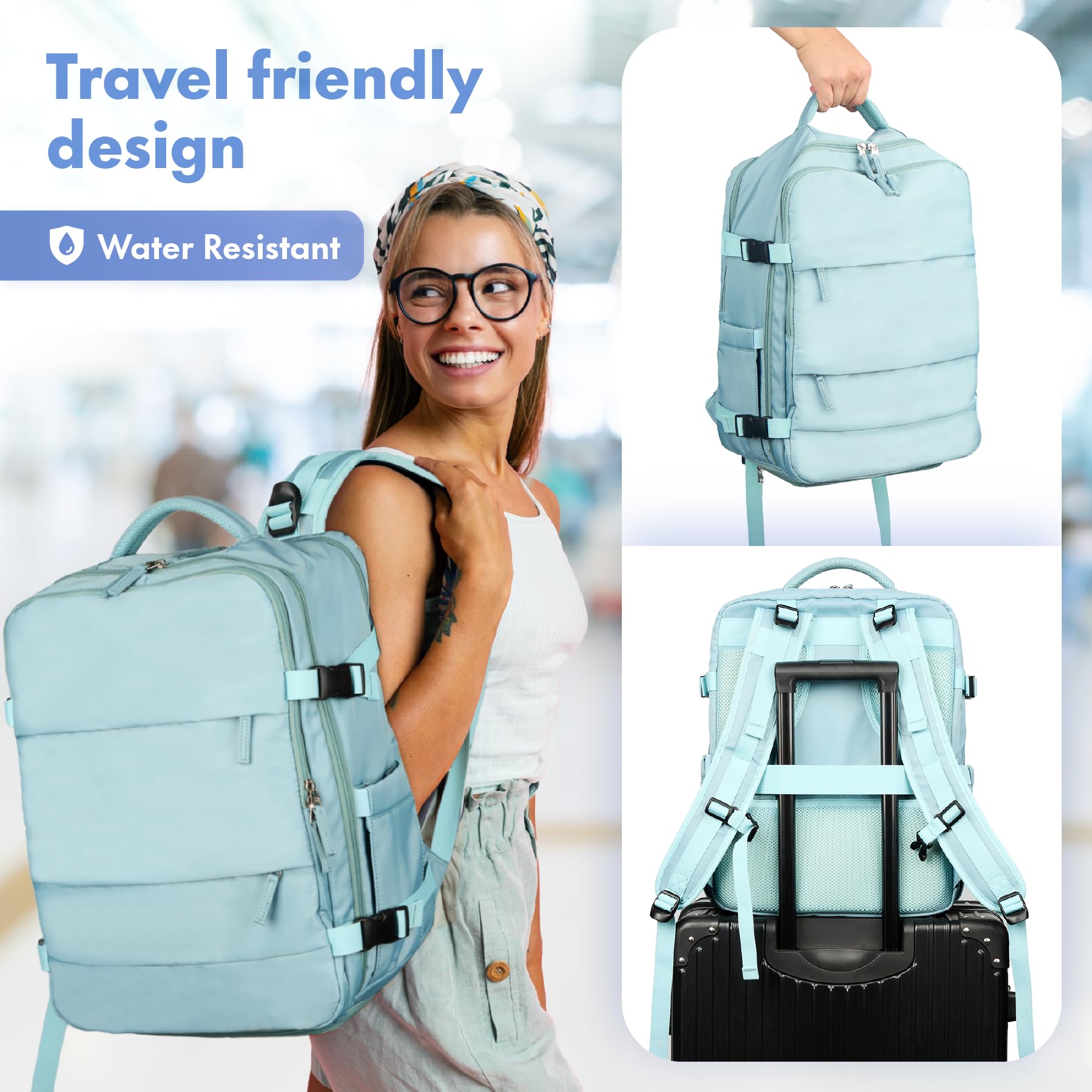 Dikaslon Travel Backpack for Women & Men - Flight Approved Carry On Backpack with USB Charging Port & Shoe Compartment - Light Blue Daypack for Business Travel, Weekend Getaways & Daily Commute