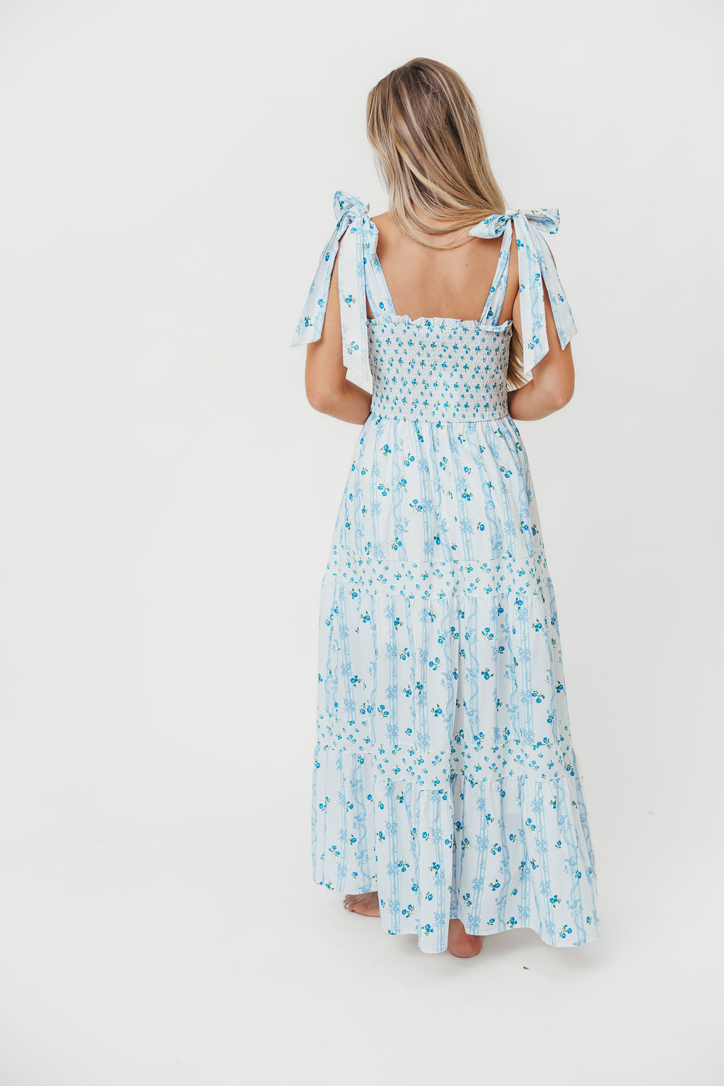 Kathryn Floral Print Tie Shoulder Maxi Dress - Ivory & Blue Floral Summer Dress for Women | Perfect for Beach Vacations, Weddings & Date Nights
