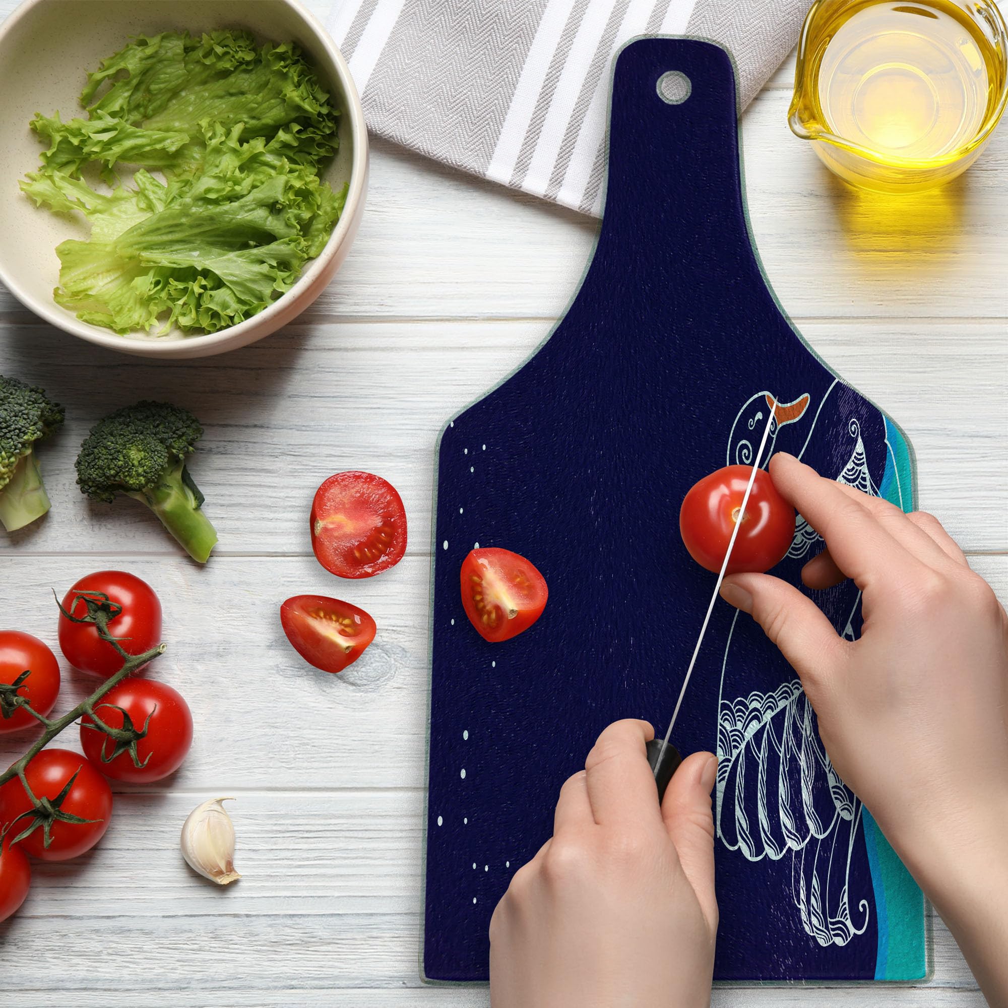 Ambesonne Swan Tempered Glass Cutting Board - Elegant Big Winged Swan Silhouette on Dark Starry Night Lake Design - Decorative Serving Board with Wine Bottle Shape in White & Blue - Perfect for Cheese Platters, Charcuterie, and Wine Pairing Parties