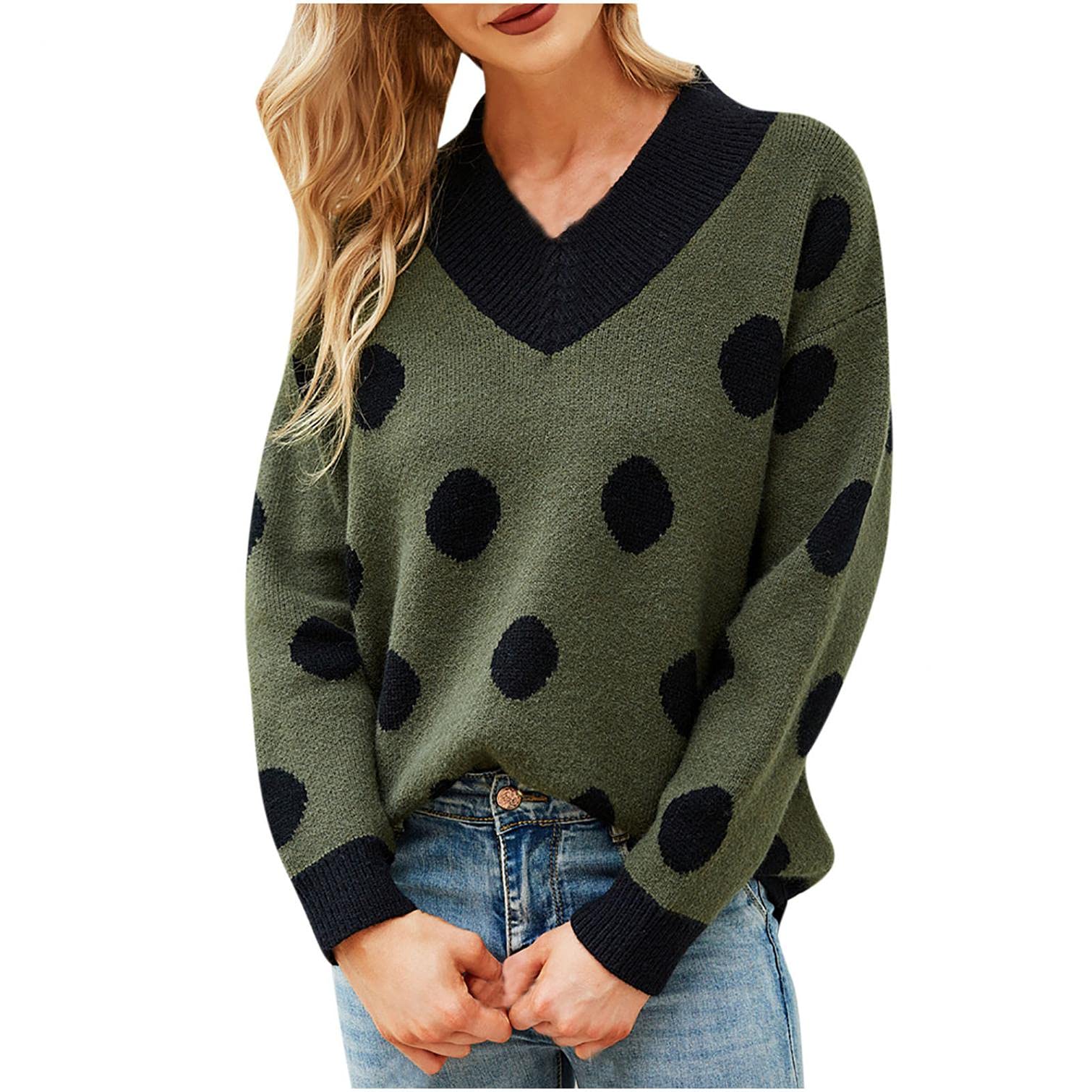 Women's Knit Sweater Long Sleeve V-Neck Pullover Winter Casual Comfortable Tunic Top for Work, Date Night & Holiday Outfits