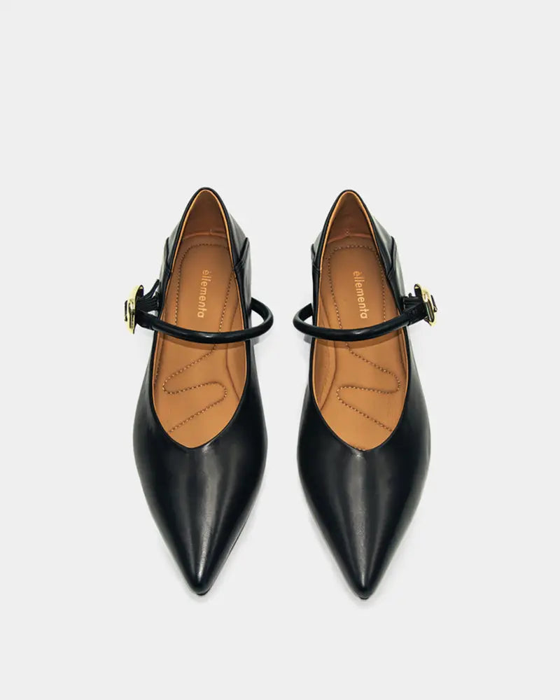 Black Calfskin Leather Flat Mary Jane Shoes for Women - Classic Comfortable Slip-On Ballet Flats for Work, Office & Casual Wear