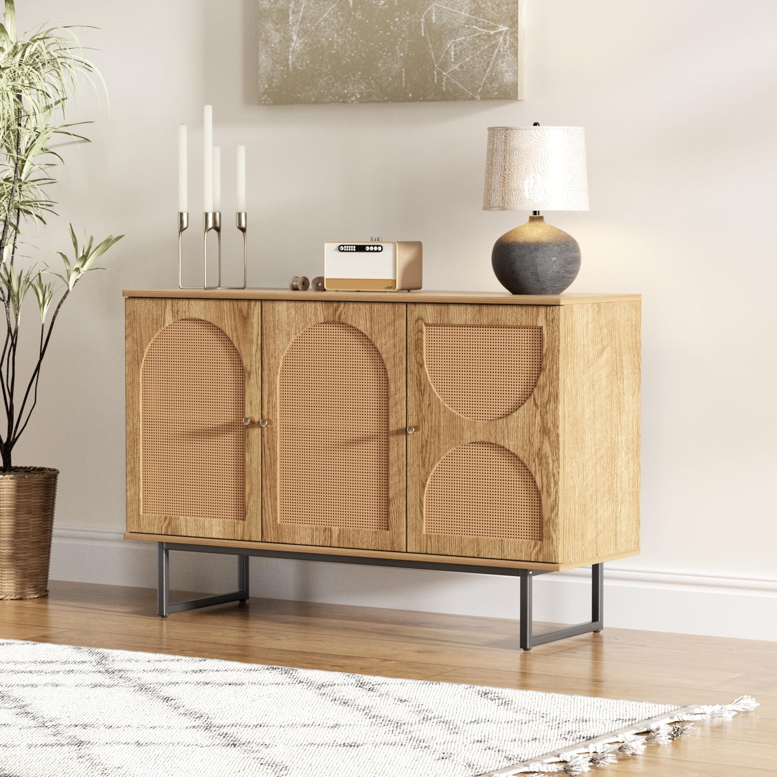 Rattan Sideboard Buffet Cabinet with Metal Legs - Boho Style Credenza for Living Room, Hallway, Entryway - Natural Wood & Woven Rattan Storage Cabinet | Perfect for Dining Room Storage, Home Decor, and Entertaining Guests