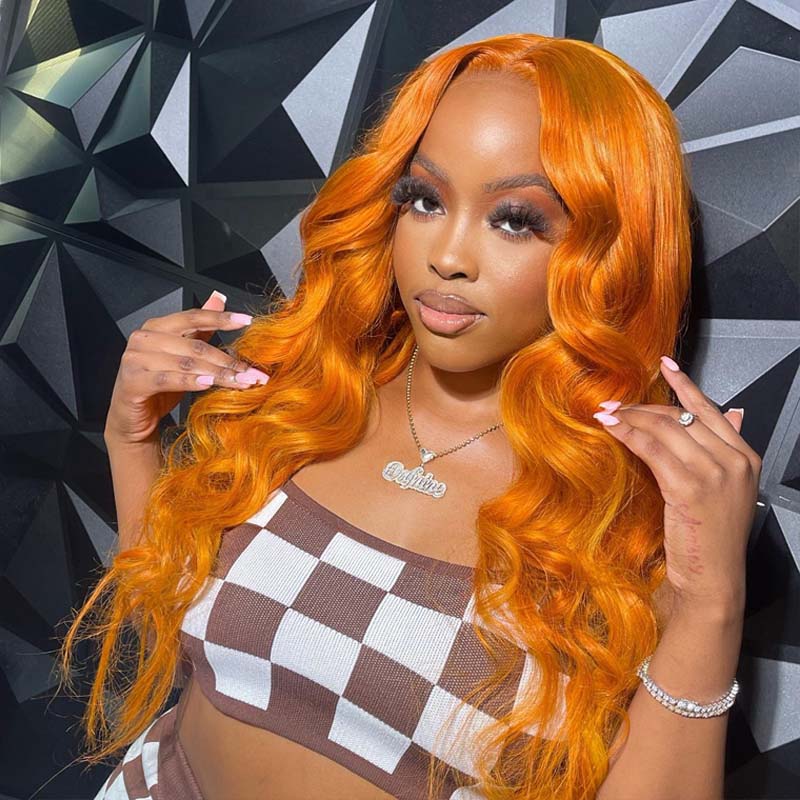 Eullair #350 Orange Layered Cut Body Wave Wavy Wig - Glueless Pre-Colored Human Hair Lace Frontal Wig for Cosplay, Halloween & Daily Fashion