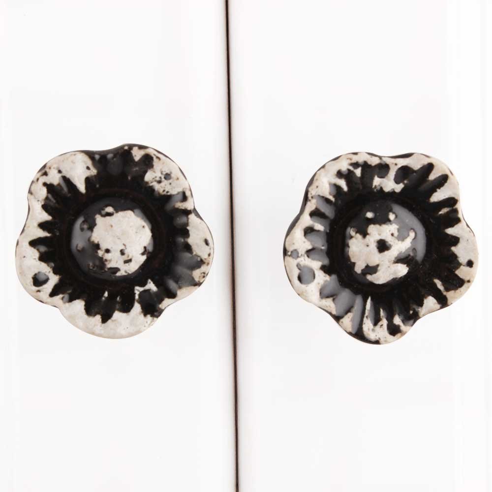 12 Pack Black Ceramic Daffodil Etched Drawer Knobs - Premium Cabinet Hardware for Kitchen, Dresser & Furniture (Vintage Style Home Decor) - IndianShelf Exclusive