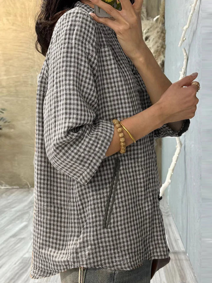 Plus Size Women's Retro Plaid Summer Cotton Button Up Shirt - Casual & Stylish Blouse for Work, Vacation and Everyday Wear