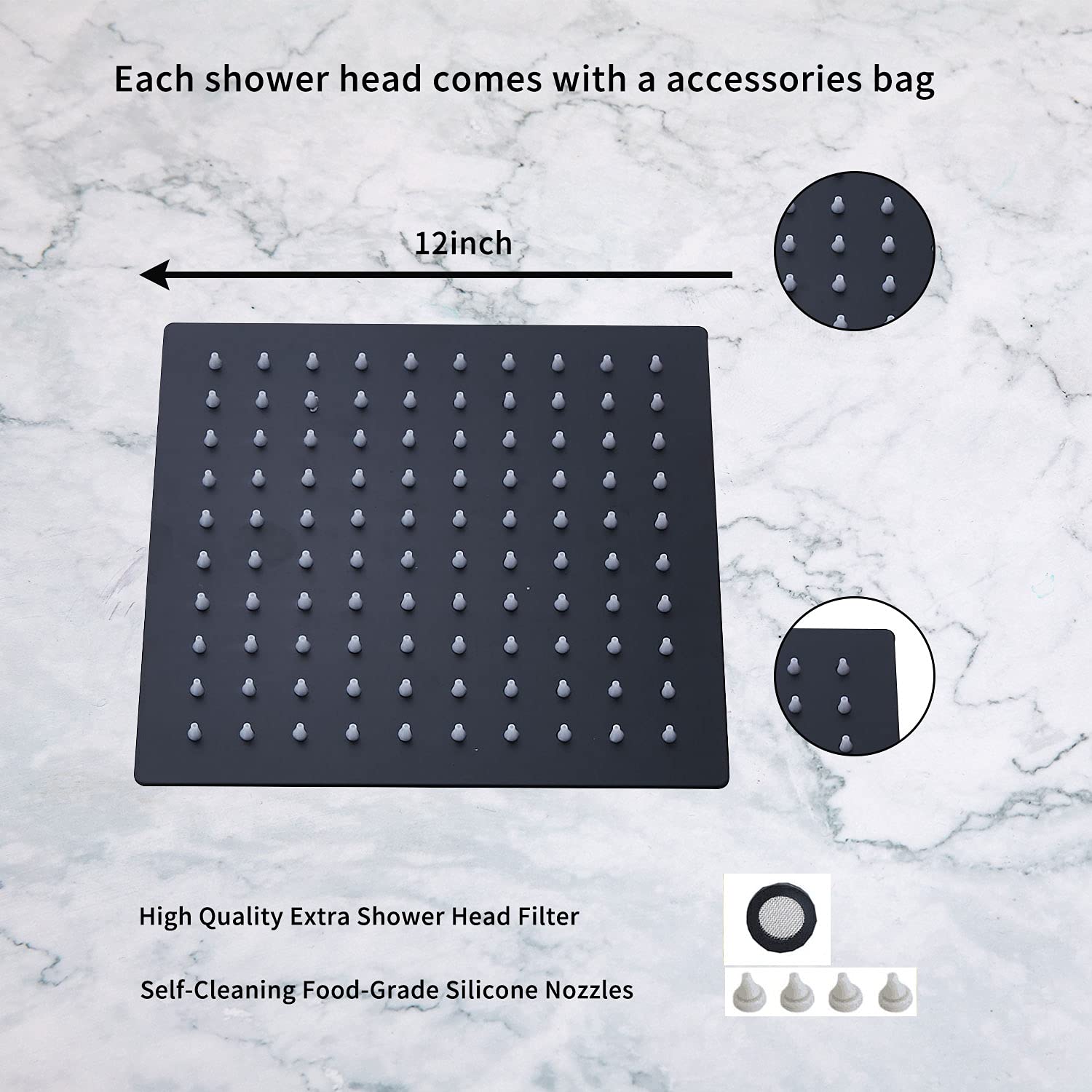 12 Inch Square Matte Black Rain Shower Head with 16 Inch Extension Arm - Large Stainless Steel Rainfall Showerhead for Full Body Coverage - Perfect for Modern Bathroom & Spa-Like Shower Experience