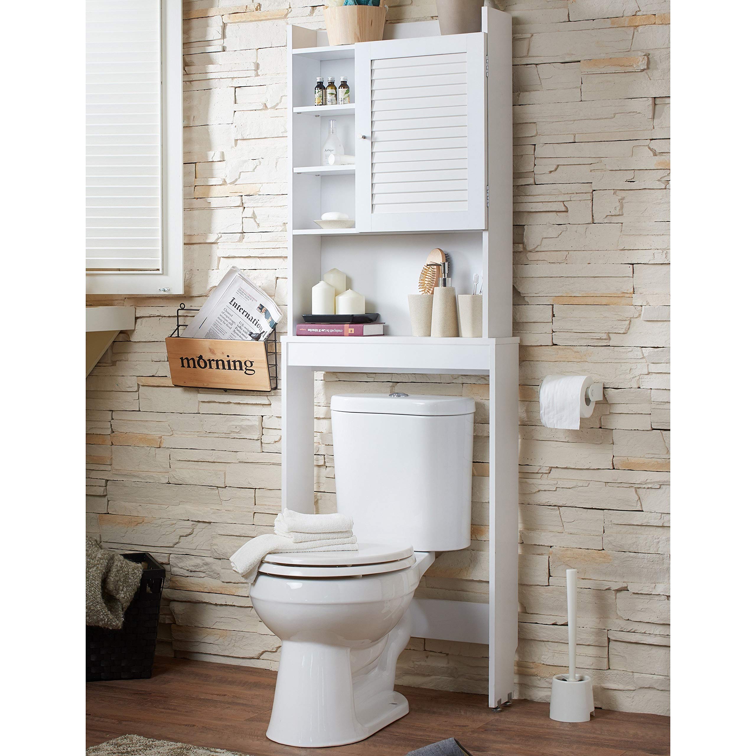 White Over-the-Toilet Space Saver Storage Cabinet - Bathroom Organizer Shelf with Towel Rack & Toilet Paper Holder - Space Saving Bathroom Furniture for Small Bathrooms, Apartments & Dorms