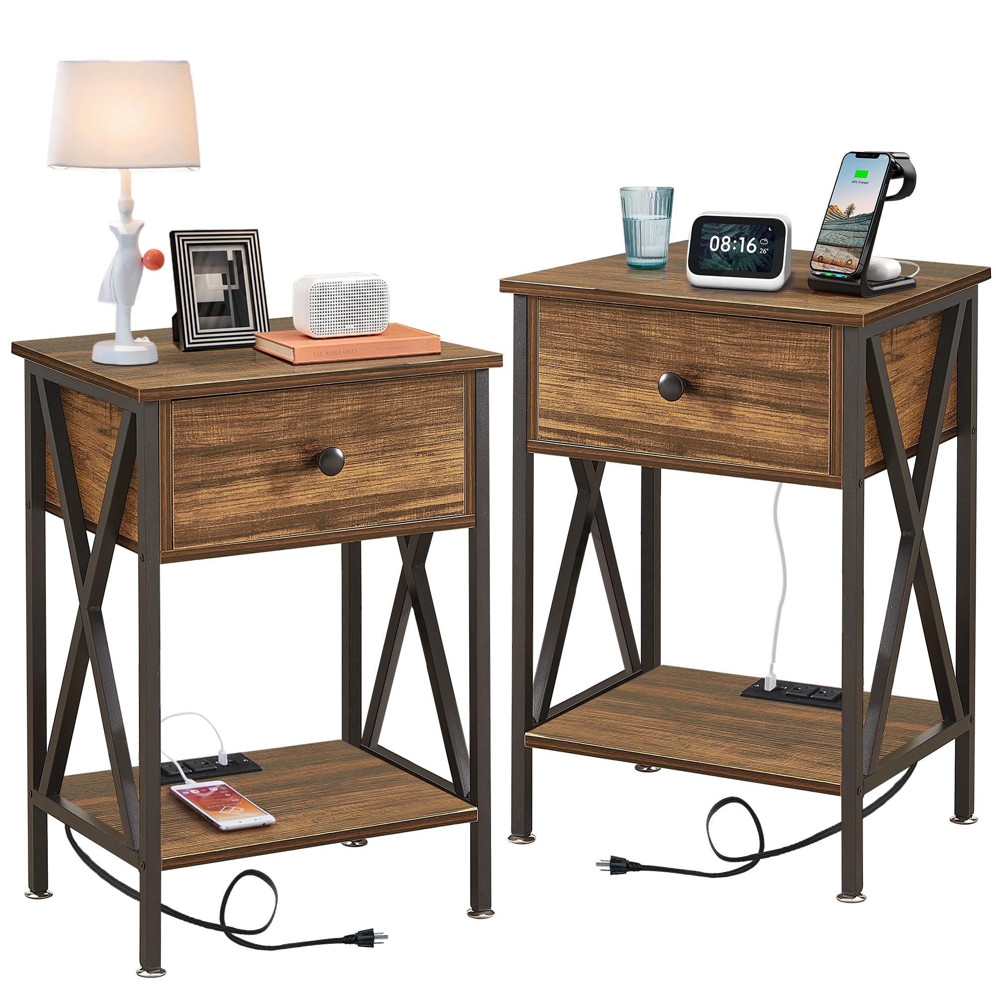 VECELO 2-Pack Modern Nightstands with Charging Station, USB Ports & Outlets, Bedside End Tables with Drawers for Bedroom & Living Room - Retro Brown - Perfect for Small Spaces & Apartment Living