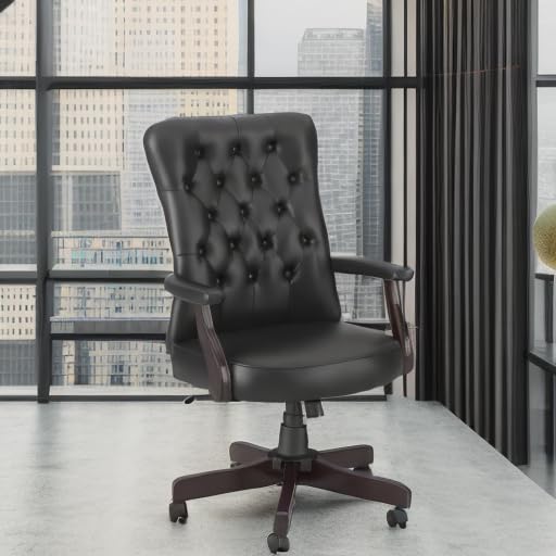 Bush Furniture Key West High Back Tufted Office Chair with Arms - Black Leather Executive Desk Chair for Home Office, Gaming & Conference Room - Ergonomic Support & Comfortable Seating