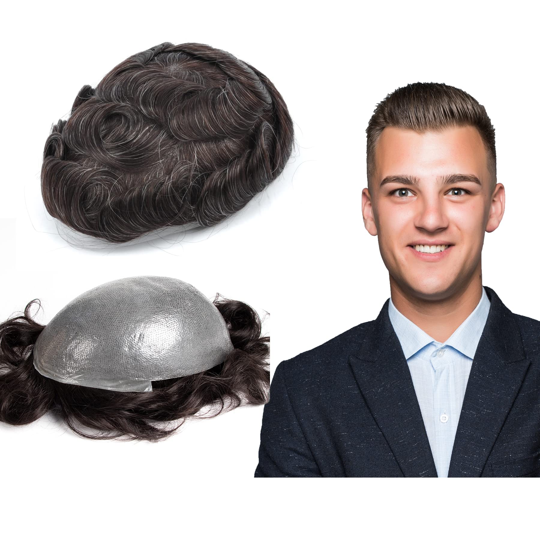 GEX Worldwide Men's Human Hair Toupee - 0.08mm Thin Skin, Medium Density, Durable Hair Replacement System (Color 220#) - Natural Looking Hairpiece for Thinning Hair & Baldness Cover - Perfect for Daily Wear, Work, and Special Occasions