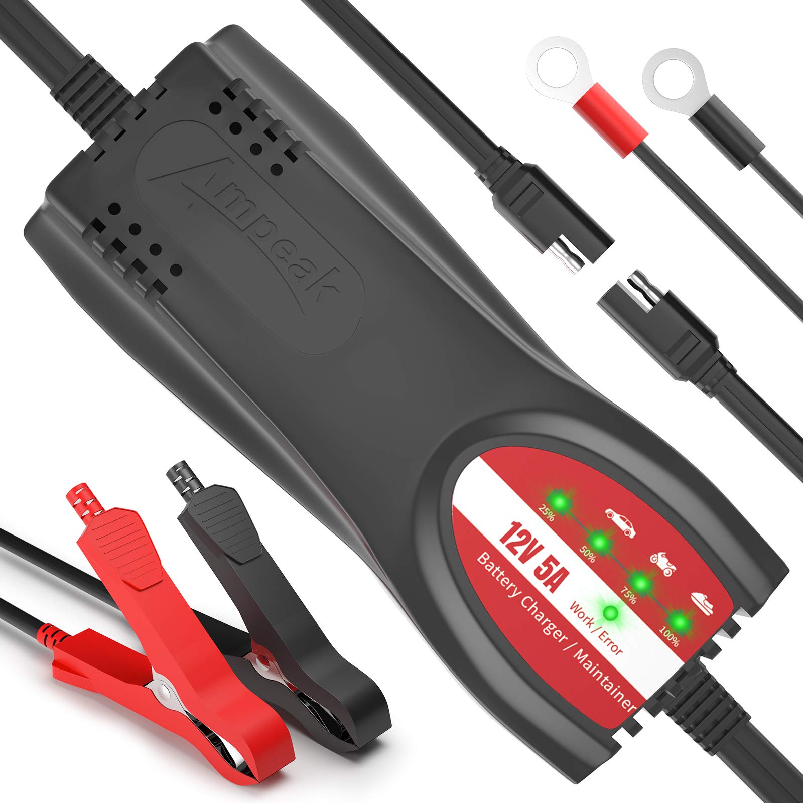 Ampeak 12V 5A Smart Battery Charger for Cars, Motorcycles, Trucks, Boats & Lawn Mowers - Automatic Trickle Charger & Maintainer - Perfect for Winter Storage, RV Camping & Marine Use