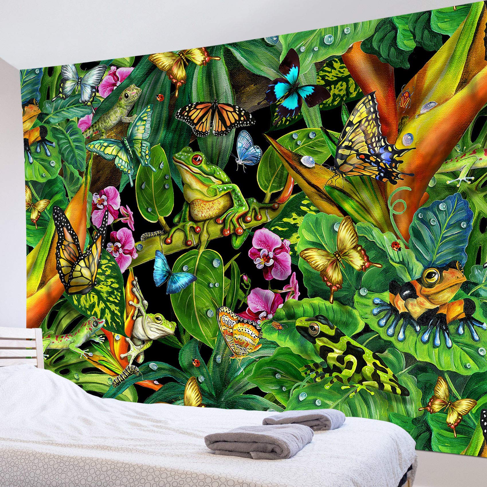 HVEST Tropical Rainforest Tapestry - Frog, Butterfly, Green Leaf Design - 59x51 Inch Wall Hanging for Bedroom, Living Room, Dorm Decor - Perfect for Indie Style, Party Backdrop, and Cozy Home Atmosphere