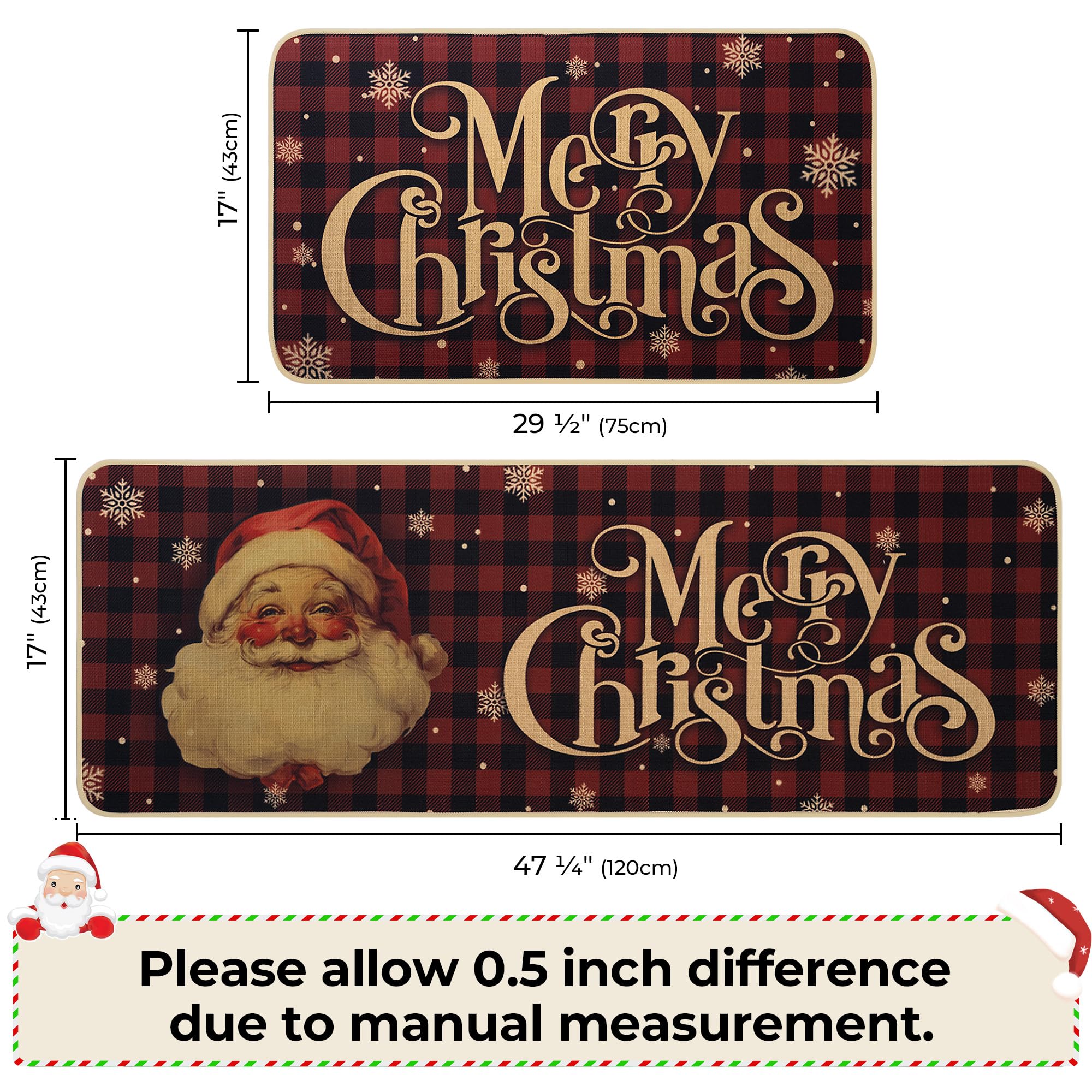 GRANNY SAYS Christmas Kitchen Rugs Set of 2 - Non-Slip Washable Floor Mats for Holiday Decor (17x30 & 17x47) - Santa Claus Design, Rustic Farmhouse Style - Perfect for Kitchen, Dining Room & Festive Home Decor