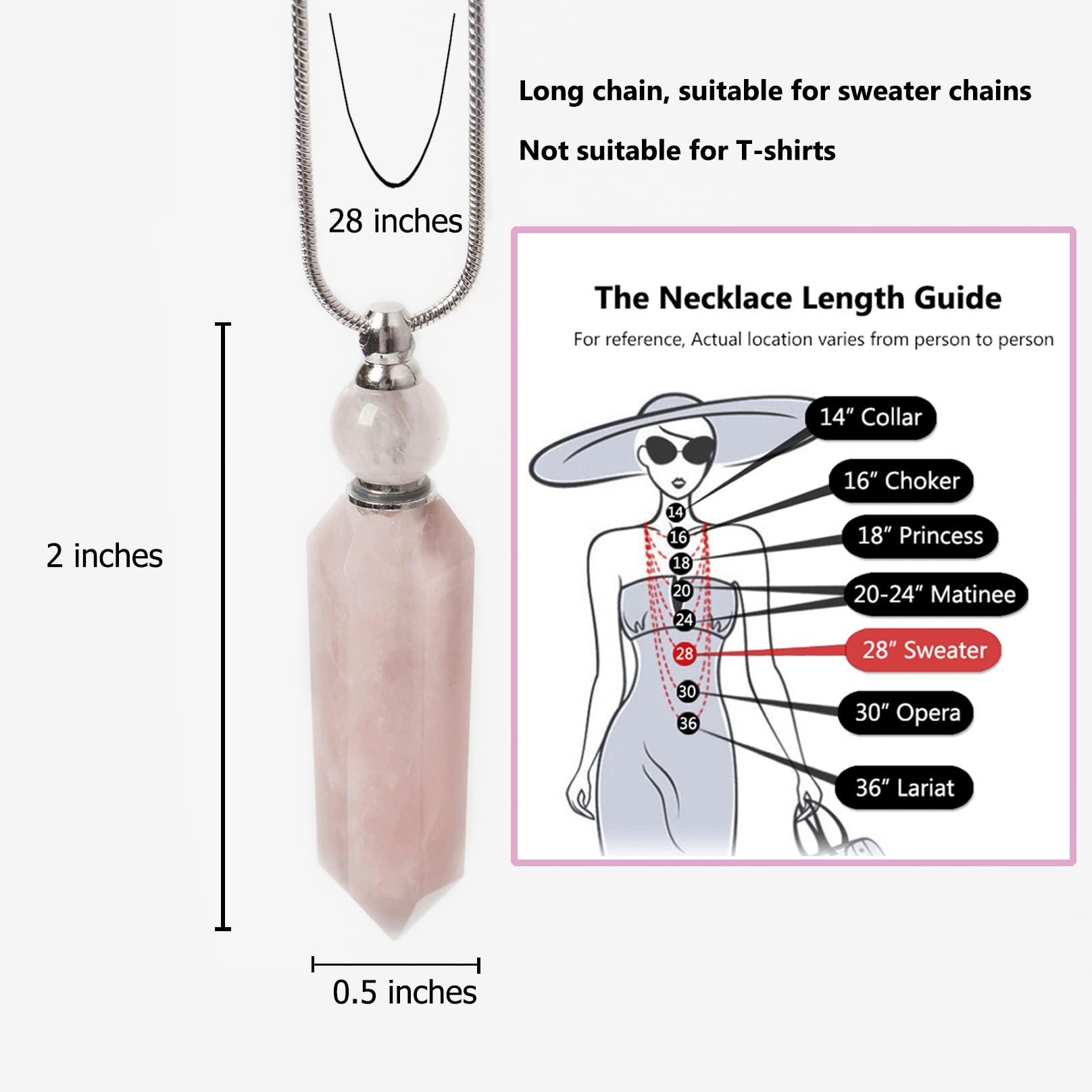 AMOYSTONE 1P Rose Quartz Crystal Perfume Necklace - Long Chain Healing Stone Hexagonal Aroma Diffuser for Essential Oils, Natural Crystal Bottle Pendant Jewelry Gift for Women (Perfect for Meditation, Yoga & Aromatherapy)