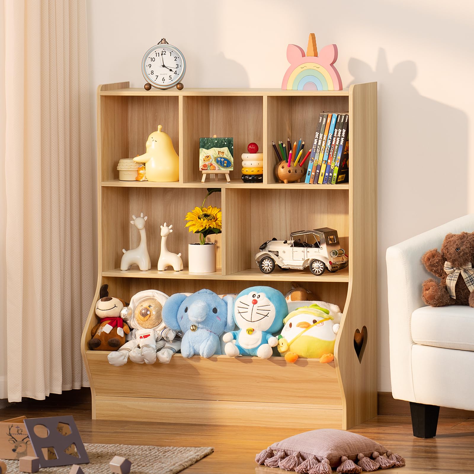 Lerliuo 3-Tier Kids Toy Storage Organizer & Bookshelf - 7-Cubby Wooden Toy Cabinet for Playroom, Bedroom, Nursery - Natural Wood Children's Bookcase (29.53