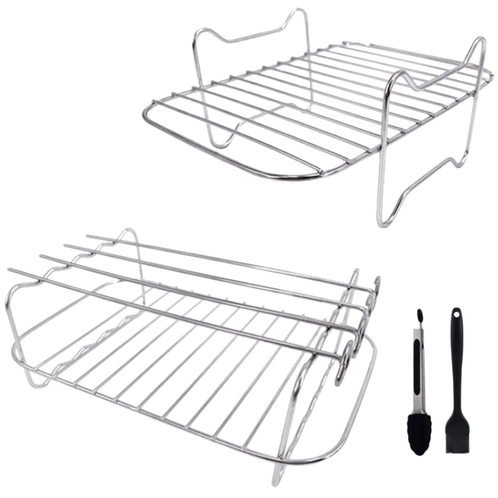 Louttary Air Fryer Rack for Ninja Dual Air Fryer - 2-Piece Stainless Steel Rack with 4 Skewers, Cleaning Brush & Clips - Compatible with Double Basket Air Fryers - Perfect for Grilling, Roasting & Baking Chicken, Vegetables & More