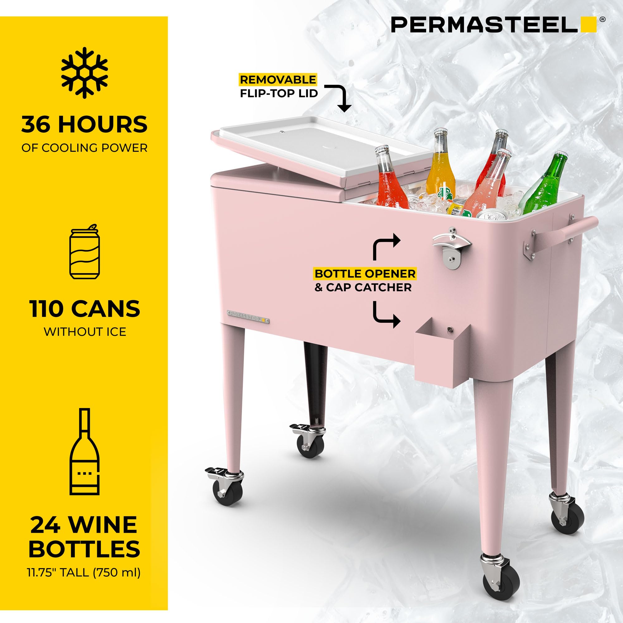 Permasteel 80-Quart Classic Outdoor Patio Cooler with Wheels & Handles - Retro Design Beverage Bar Cart for Picnics, BBQs, Camping & Tailgating