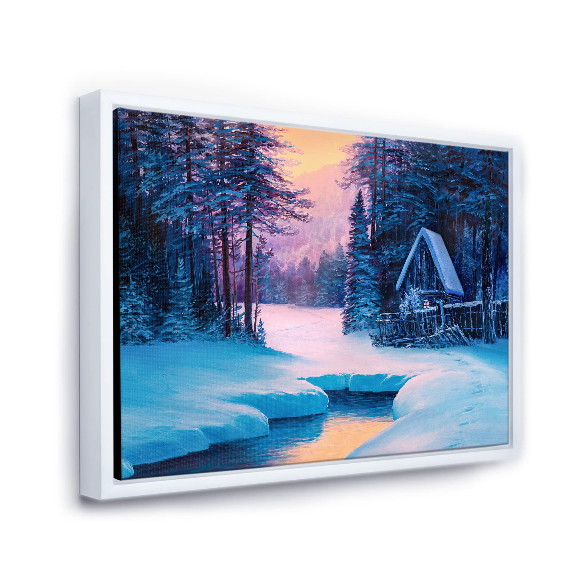 Winter Landscape & The River House In The Woods II - Lake House Framed Canvas Wall Art Print for Living Room, Bedroom & Office Decor - Nature Inspired Home Decoration