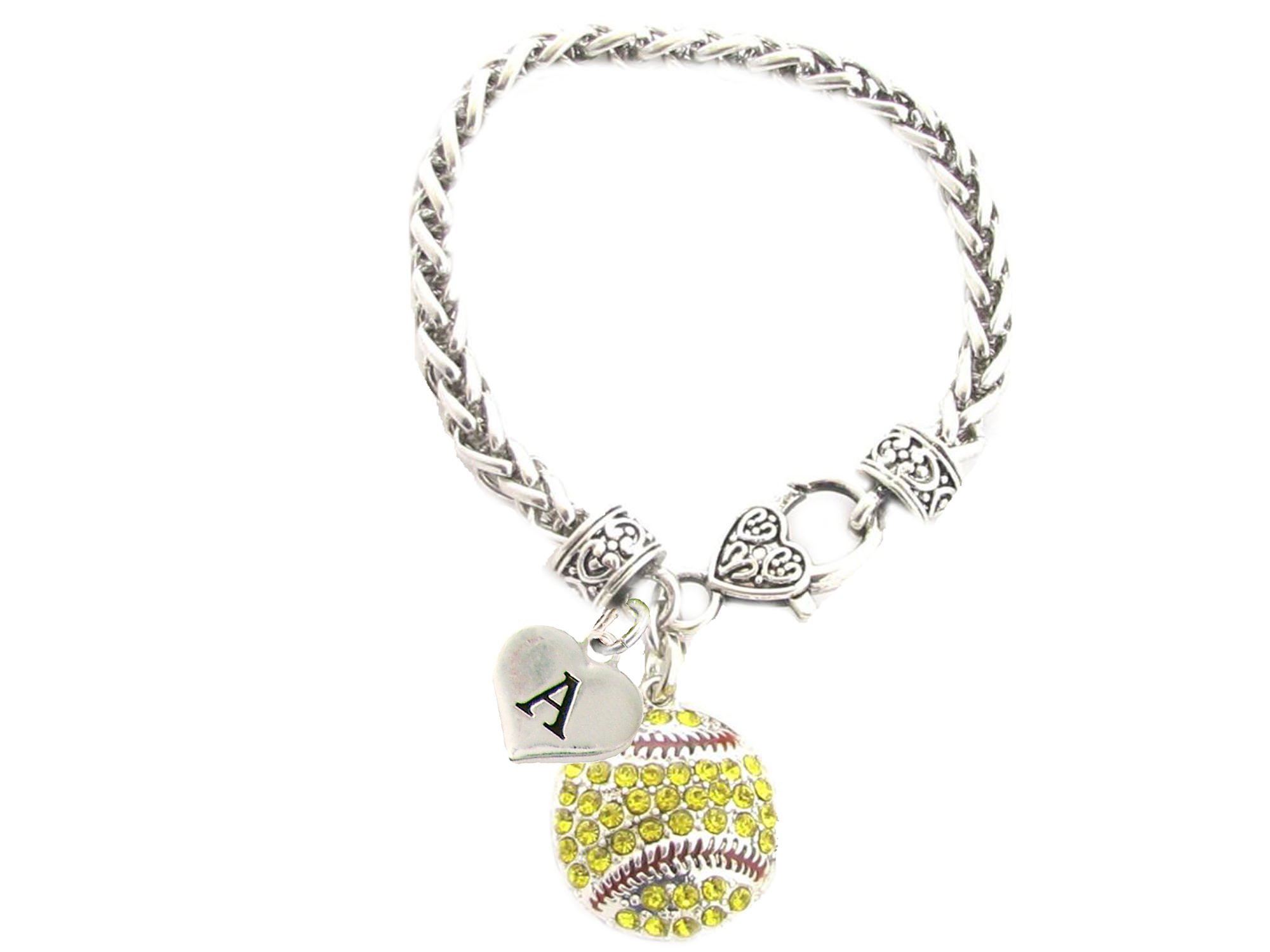 Custom Initial Silver Crystal Softball Bracelet - Personalized Engraved Jewelry for Women - Perfect Gift for Players, Coaches & Fans (Choose from 26 Letters) - Game Day, Training & Everyday Wear