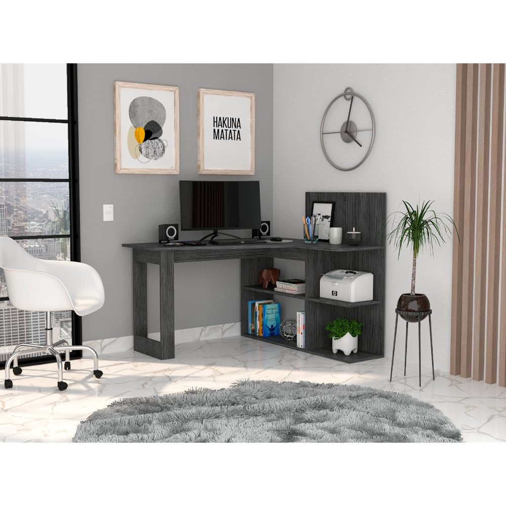 Tuhome Masai Writing Computer Desk with 5 Open Shelves - Smokey Oak Finish for Home Office, Study Room, or Dormitory Workspace