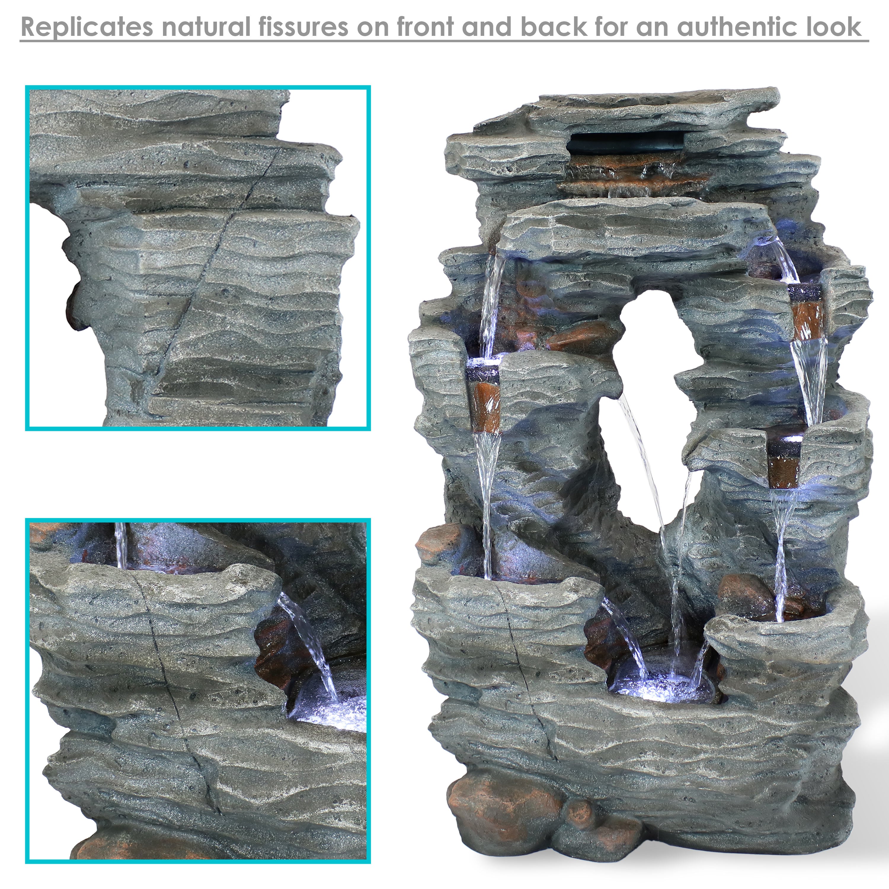 Outdoor Solar-Powered Dual Cascading Rock Waterfall Fountain with LED Lights & Submersible Pump - Perfect for Garden, Patio, and Backyard Decor