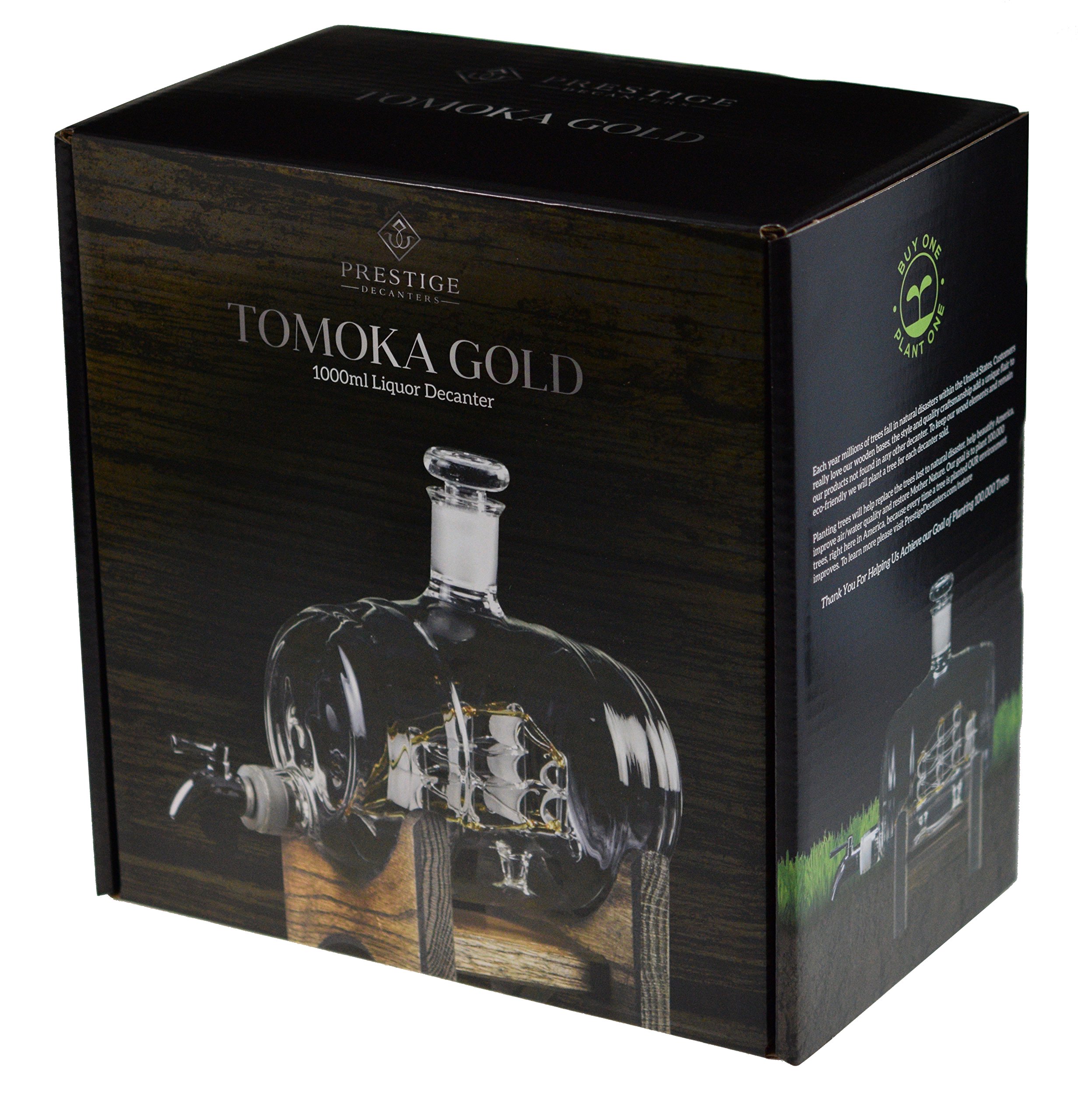Bourbon Barrel Whiskey Decanter with Ship Design - 1000ml Glass Liquor Dispenser - Nautical Decor & Unique Gift for Men, Women, Whiskey Lovers - Perfect for Home Bar, Retirement Gifts, Sailing & Boating Enthusiasts (Tomoka Gold)
