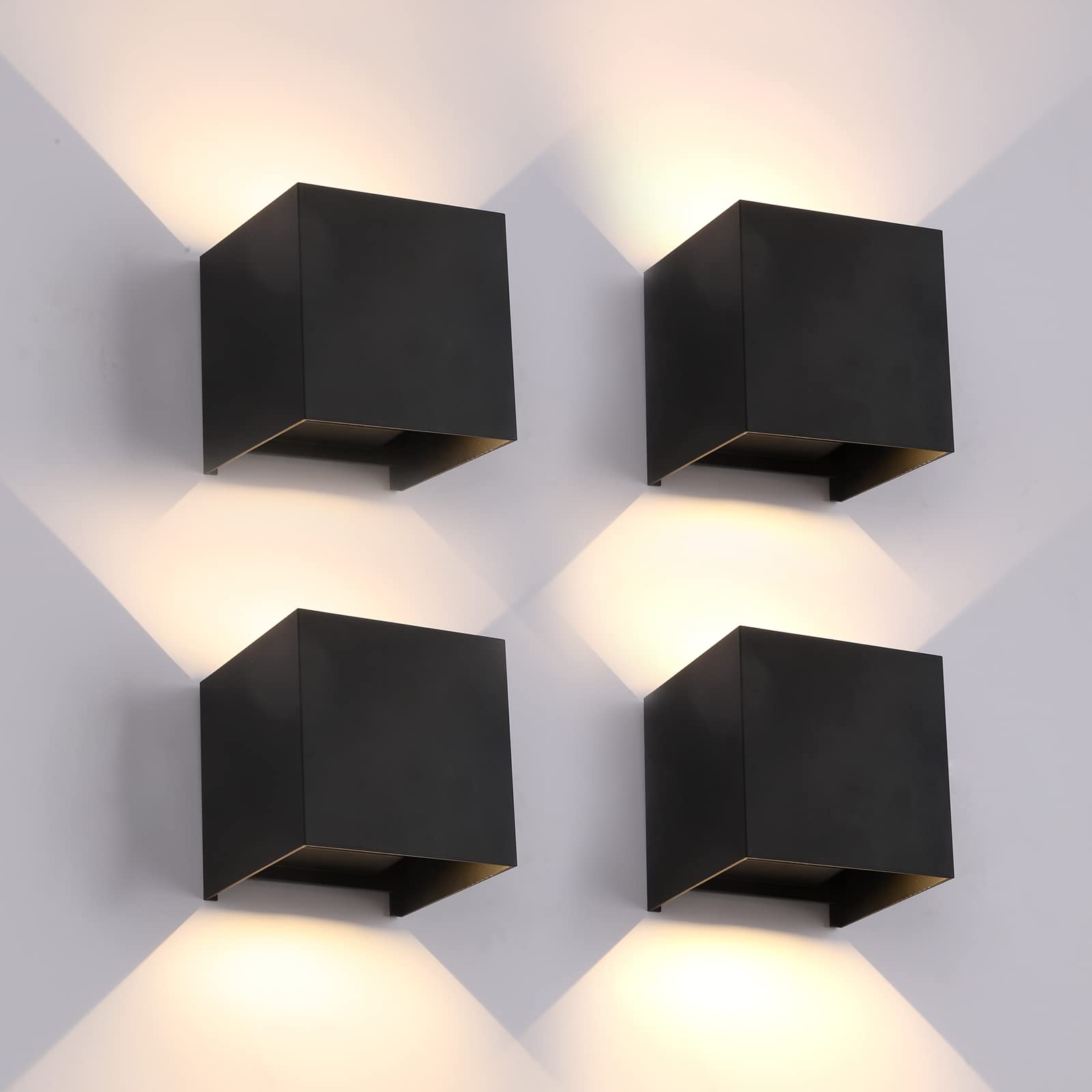 4 Pack LED Outdoor Wall Lights - Waterproof IP65, 12W Square Aluminum Fixtures, Modern Black 3000K Warm White for Exterior/Interior Use - Perfect for Patio, Garden, Porch, and Pathway Lighting