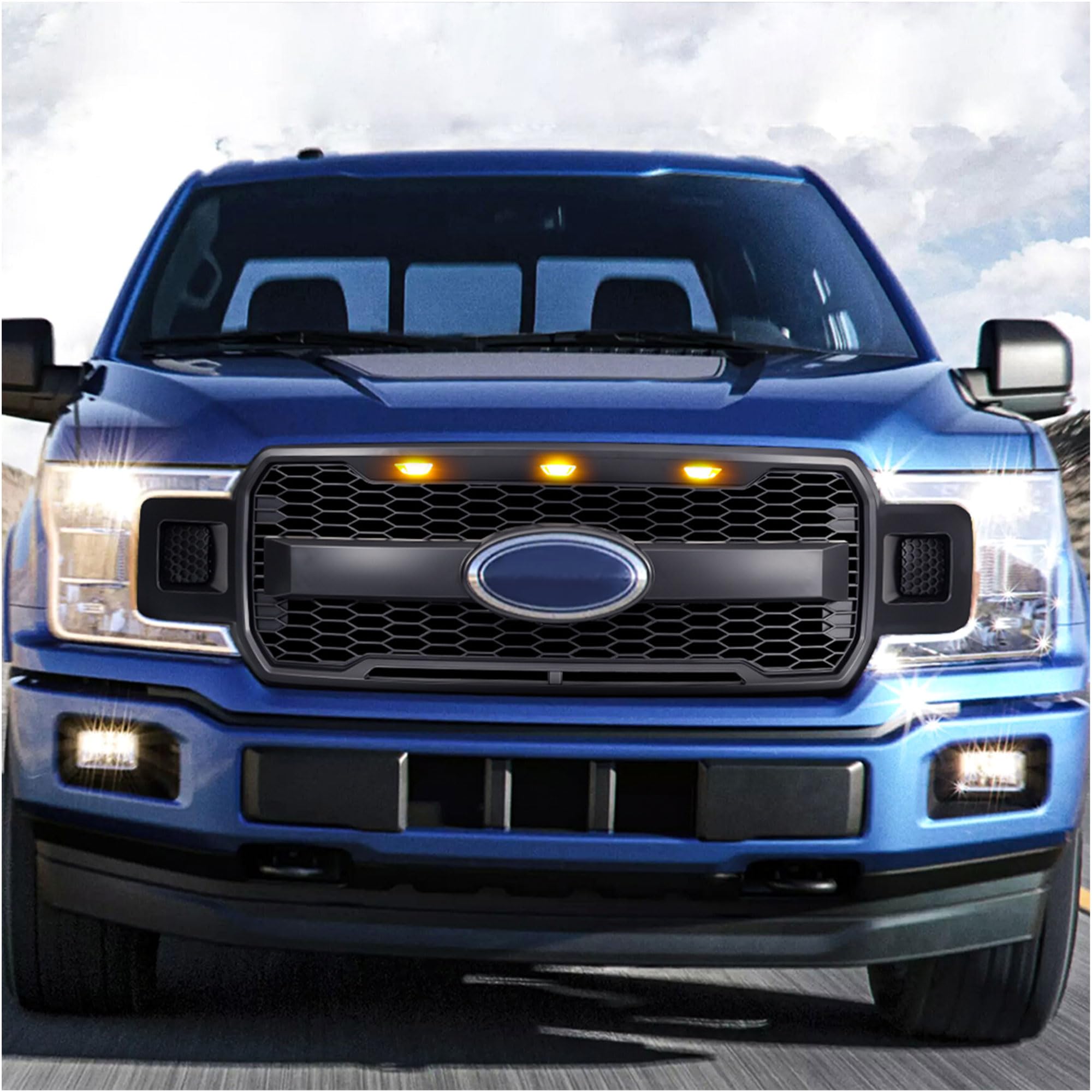 Raptor Style Mesh Grille with Amber LED Lights & Emblem Base for 2018-2020 Ford F150 | Matte Black | Off-Road & Street Upgrade | Enhanced Style & Durability
