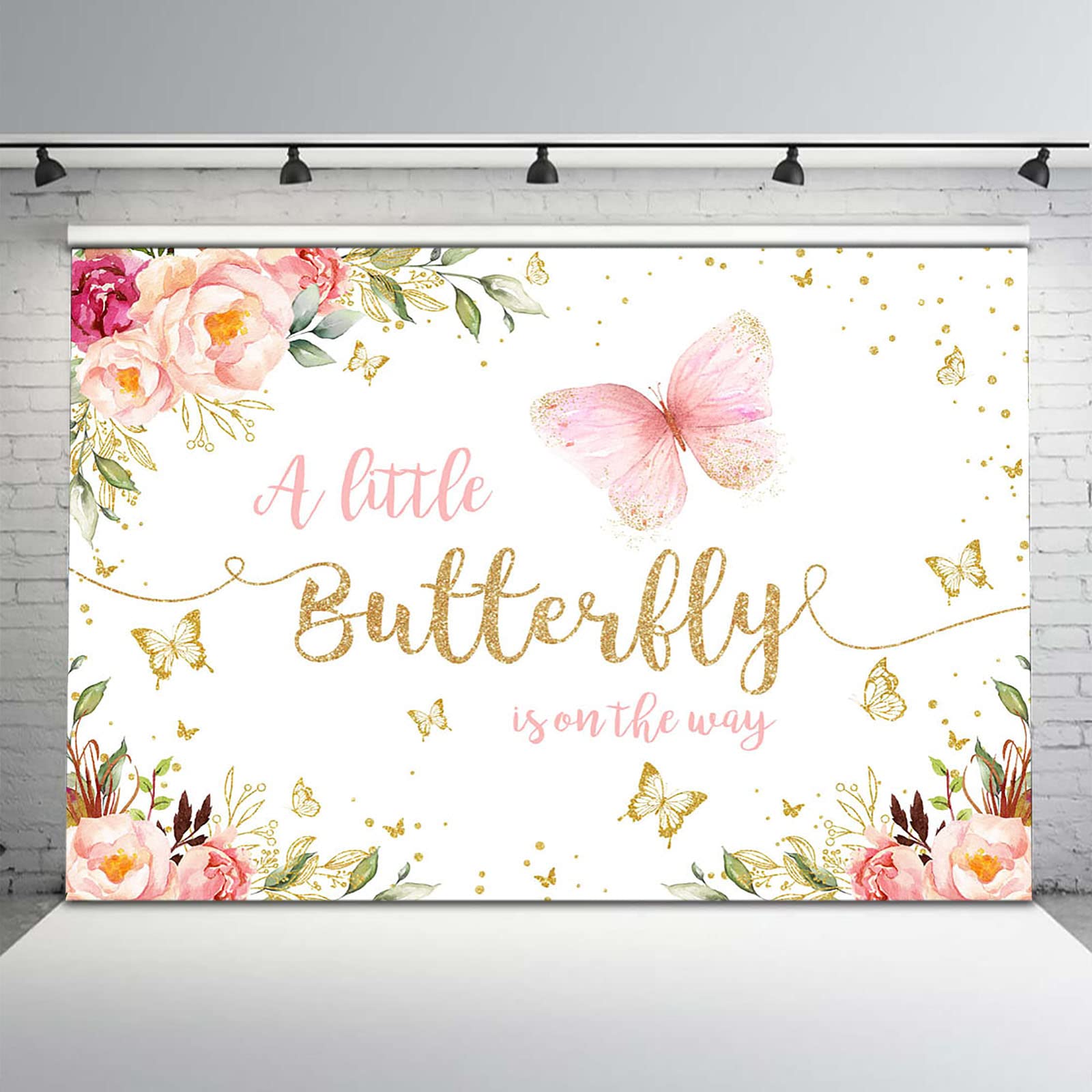 **Avezano Pink Blush Floral Gold Butterfly Baby Shower Backdrop - 8x6 ft Girls Baby Shower Party Decor, Photo Booth Props for Birthday, Gender Reveal & Nursery Decorations**