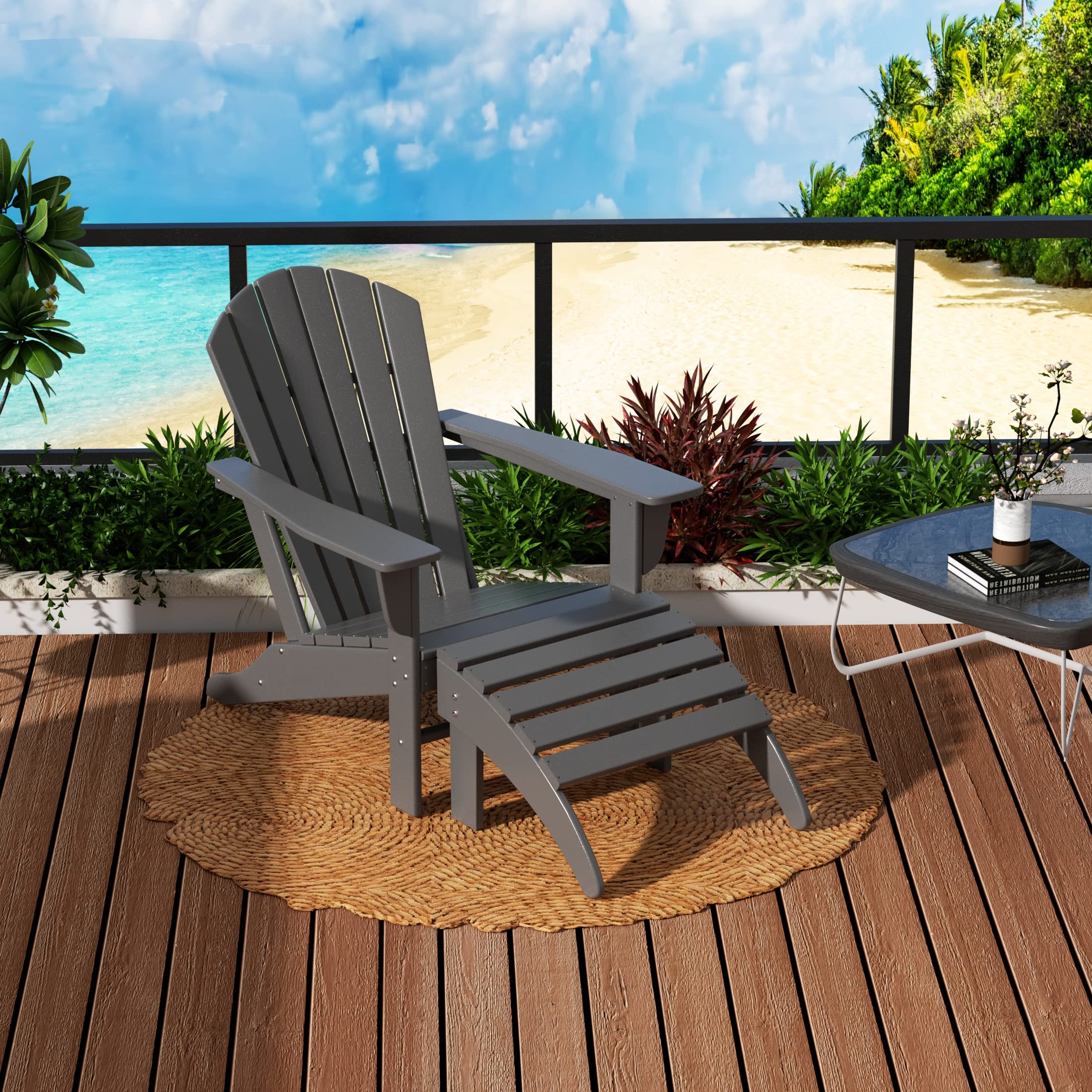 **WO Home Furniture HDPE Outdoor Adirondack Chair with Footrest Ottoman - All-Weather, UV-Resistant, Durable Patio Furniture for Backyard, Garden, Balcony, Porch - Perfect for Relaxing & Lounging**