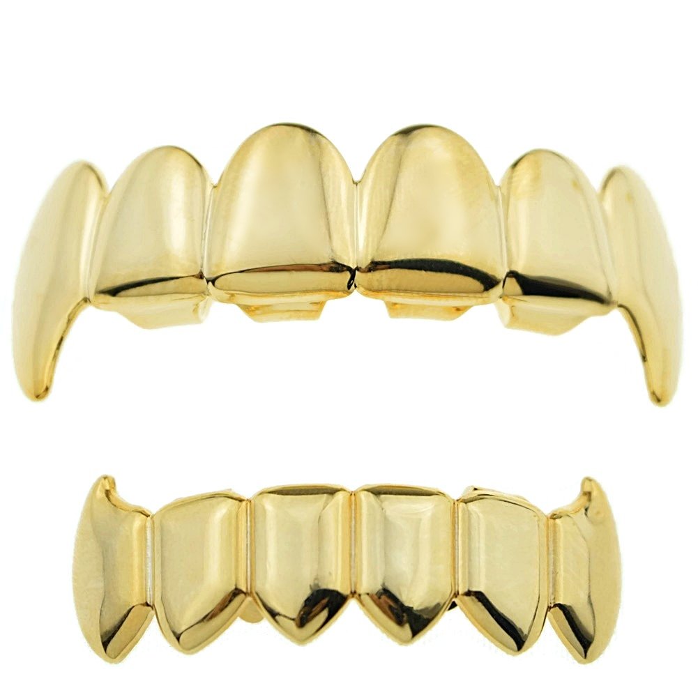 14K Gold Plated Vampire Fang Grillz Set - Top & Bottom Hip Hop Teeth Jewelry for Rappers & Halloween Costumes