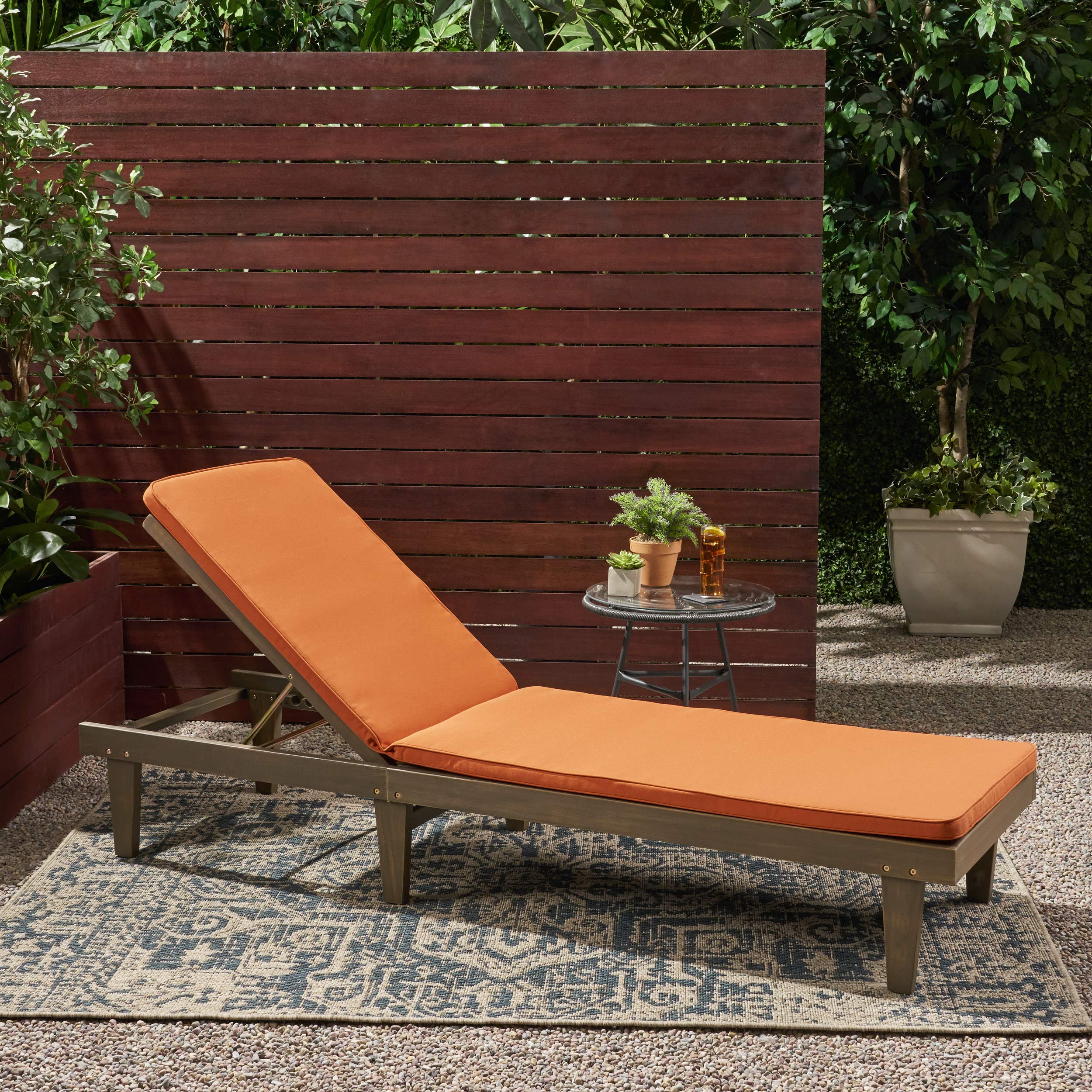 Premium Acacia Wood Outdoor Chaise Lounge with Cushion Set - Gray & Rust Orange - Weather-Resistant Patio Furniture for Poolside, Garden, or Backyard Relaxation
