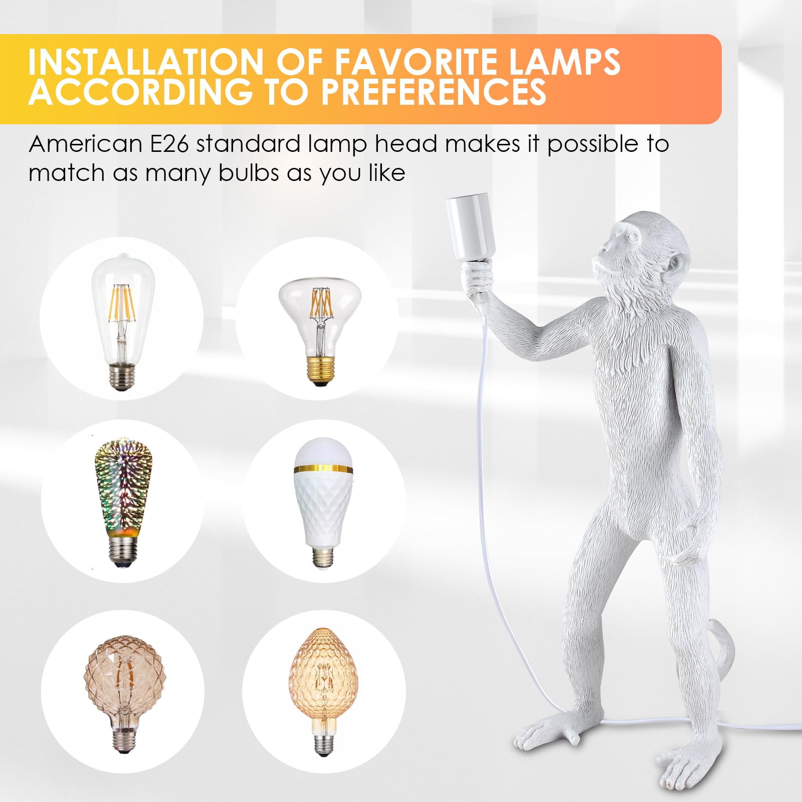 Modern Resin Standing Monkey Table Lamp - LED Desk Lamp for Home Decor, Bedroom, Living Room, Office & Kids Room - Animal-Themed Night Light (White) - Perfect for Reading, Study & Cozy Ambiance