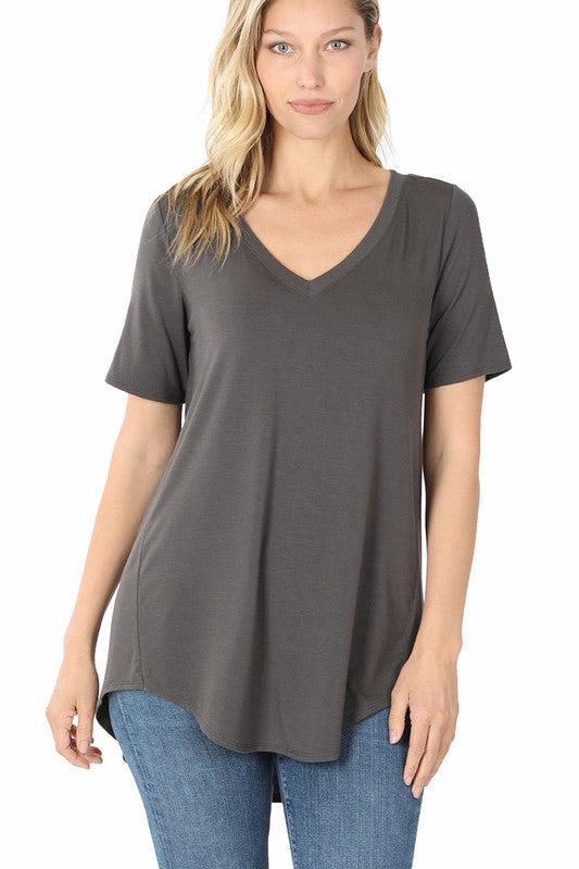 Women's Short Sleeve V-Neck Hi-Low Hem T-Shirt - Casual Summer Top for Daily Wear & Outings