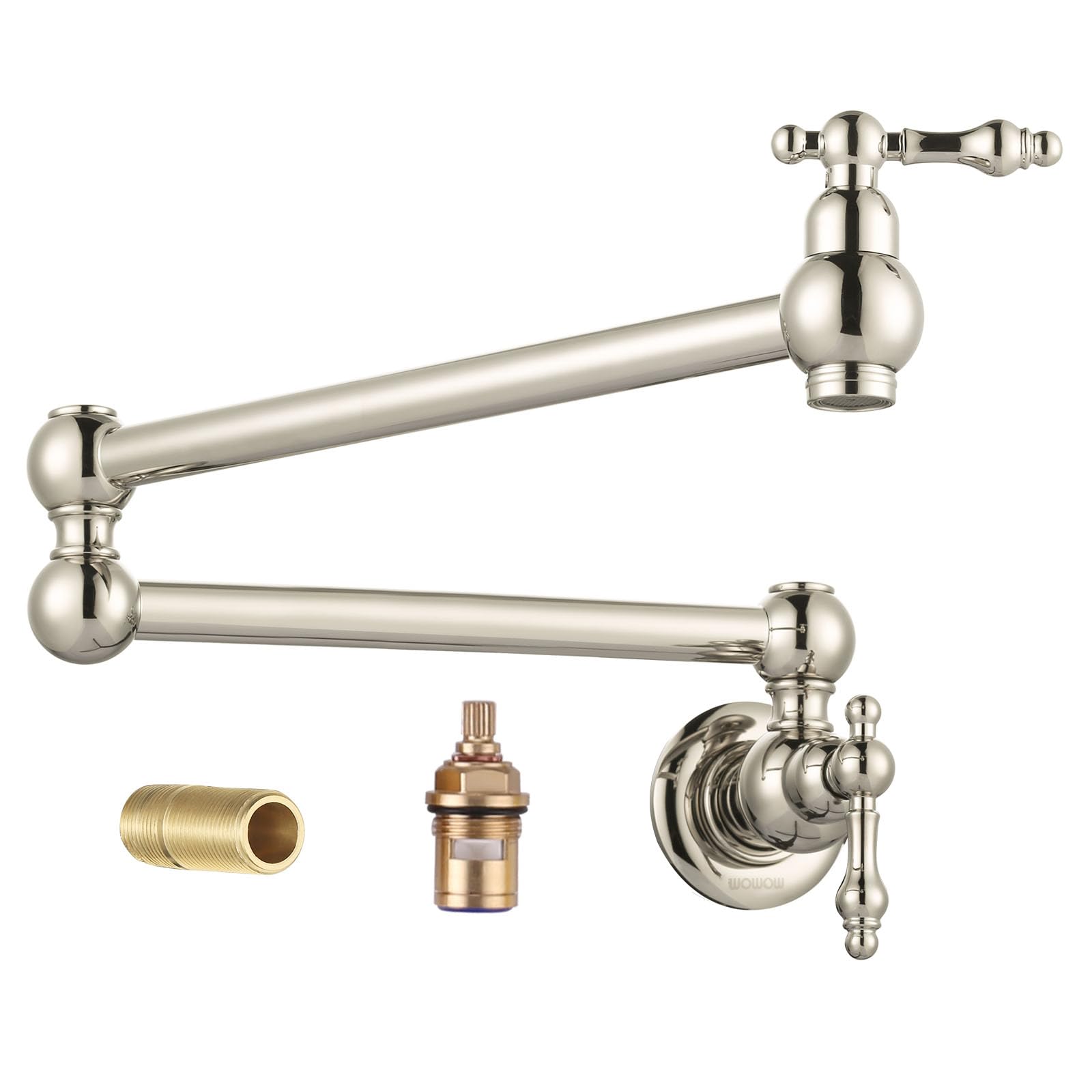 Premium Polished Nickel Pot Filler Faucet - Wall Mount Brass Kitchen Faucet with Double Joint Swing Arms for Stove - Ideal for Cooking, Filling Large Pots & Pasta Making