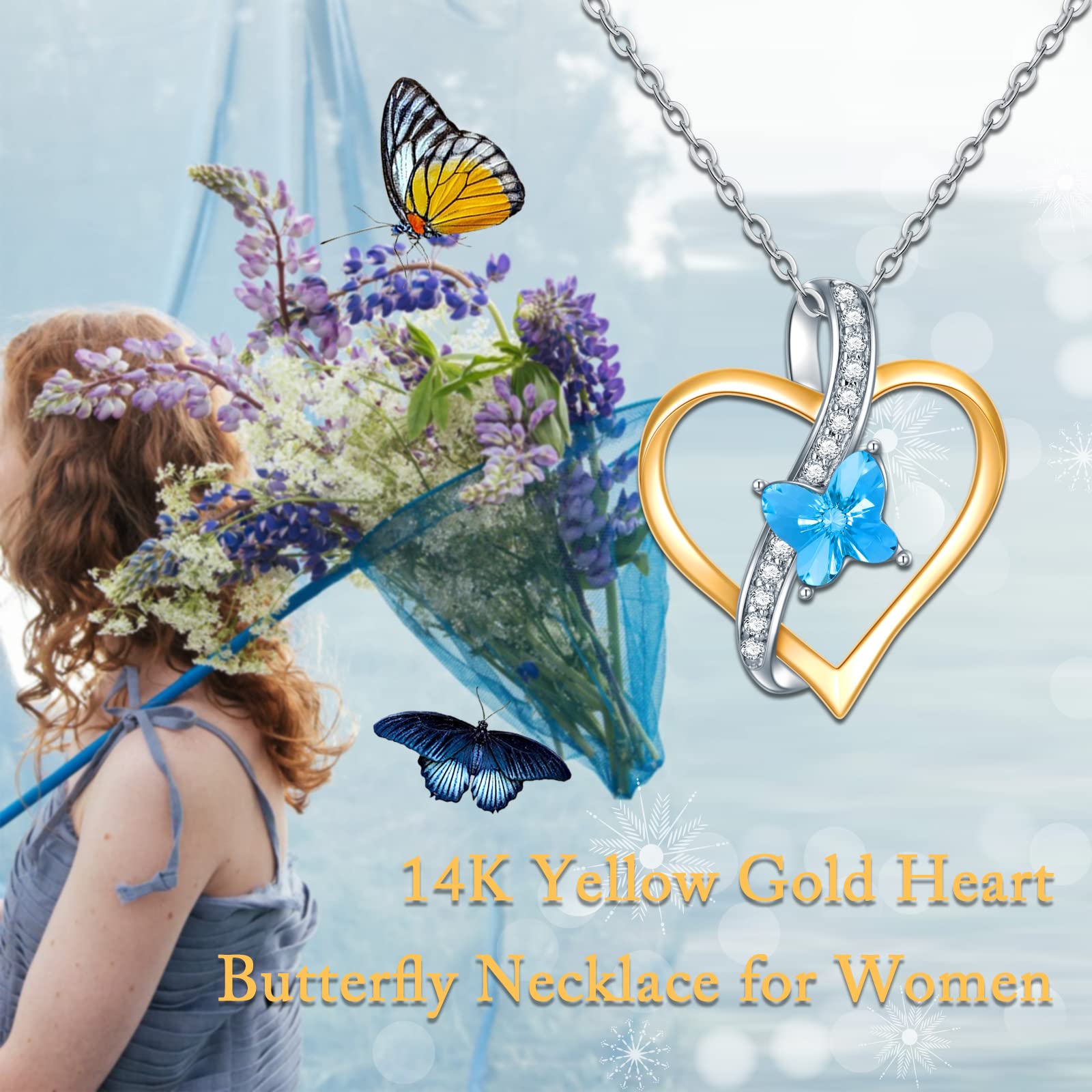 14K Yellow & White Gold Heart Necklace with Blue Butterfly & Cubic Zirconia - Elegant Women's Jewelry for Mother's Day, Anniversary, Birthday Gifts - Perfect for Wife, Grandma - 16''-18'' Adjustable Chain - Ideal for Weddings, Date Nights & Special Occasions