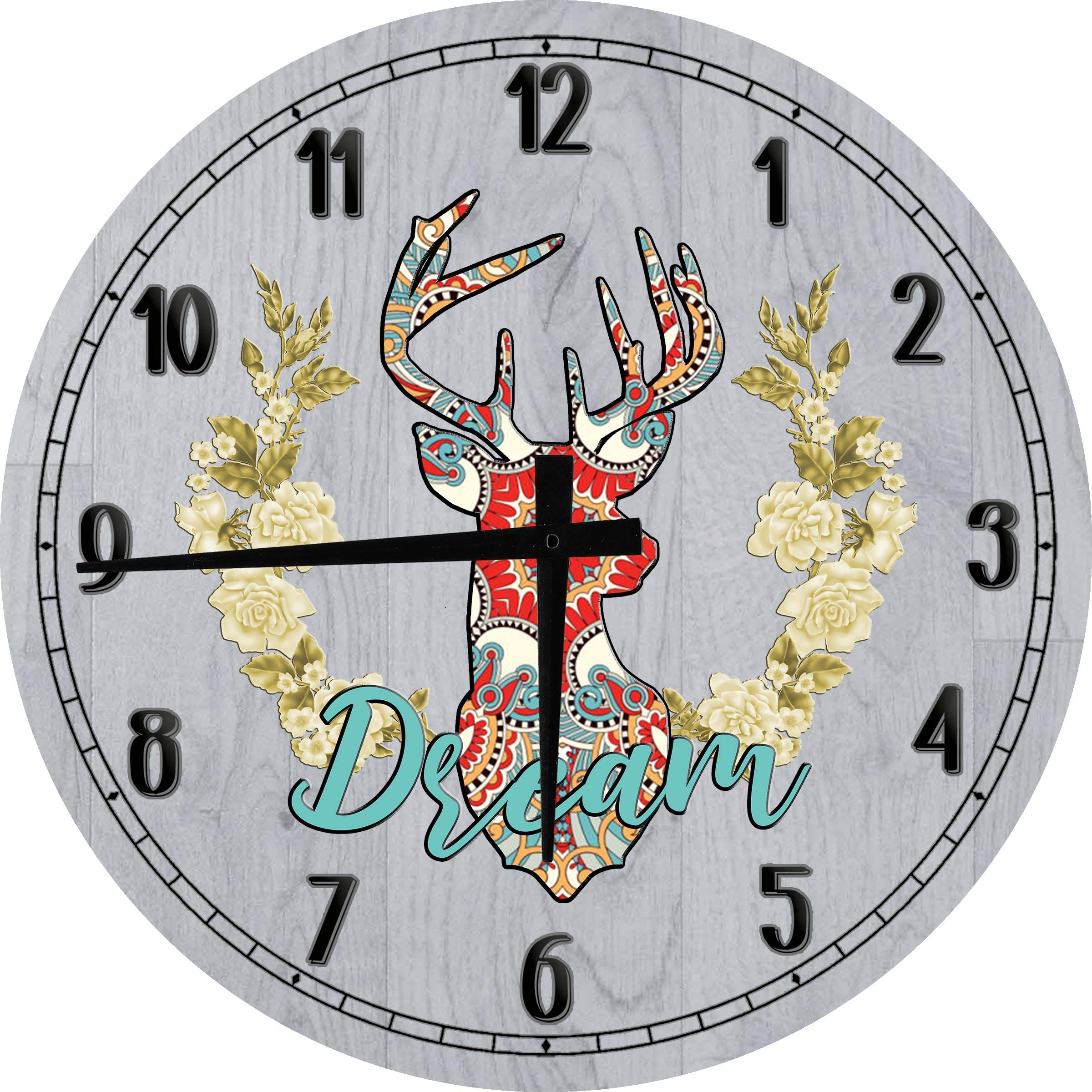 Boho Wall Art Dream Deer Flower Reef Large Round Wood Wall Clock Decor 18 Inch Gray - Perfect for Living Room, Bedroom & Boho Home Decor