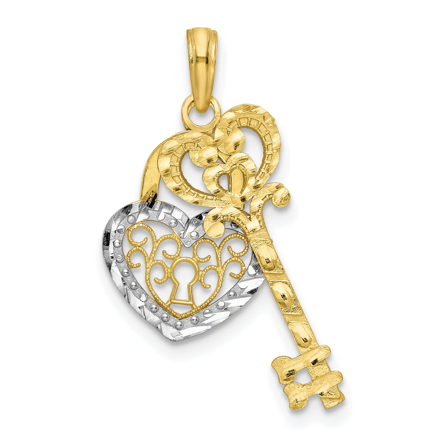 10K Yellow Gold Rhodium Plated Filigree Heart Lock and Key Pendant Necklace - Elegant Jewelry Gift for Women - Perfect for Valentine's Day, Anniversaries and Special Occasions
