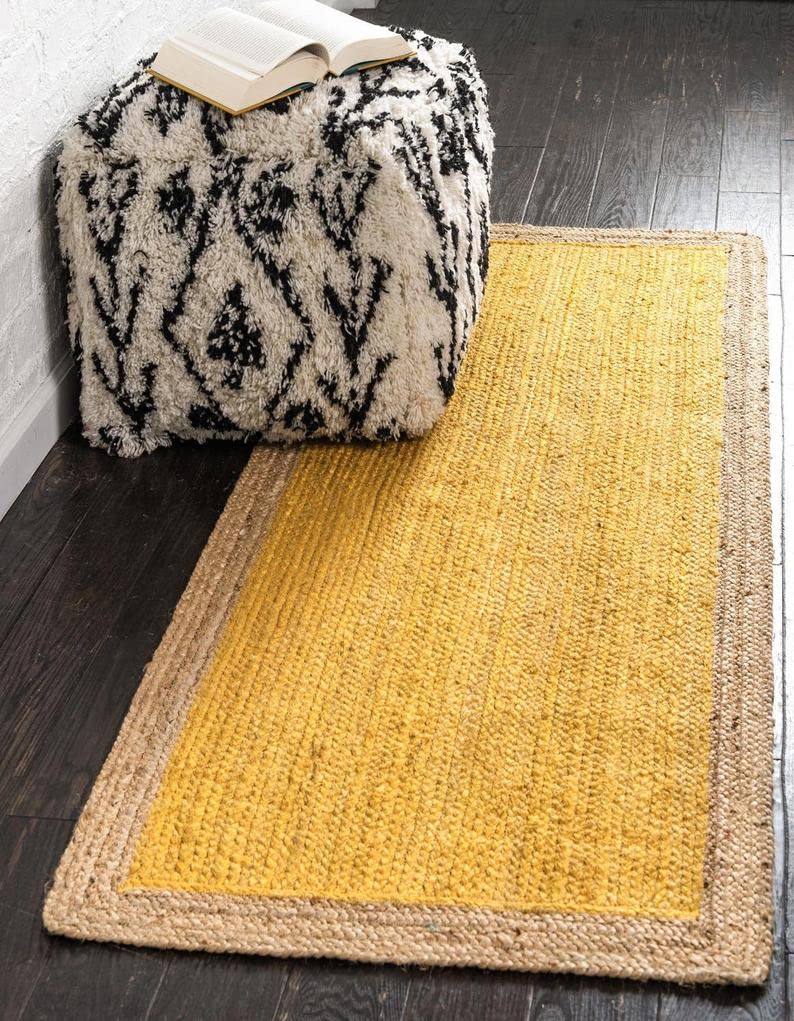 Handwoven Natural Jute Rug - Braided Boho Hemp Area Rug for Living Room, Bedroom & Entryway - Eco-Friendly Home Decor (2x22 Feet Runner, Yellow) | Custom Sizes Available