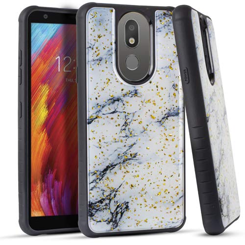 Premium Tempered Glass Screen Protector & Chrome Flake Marble Phone Case for LG Neon Plus LM-X320AM - Stylish Protective Cover with Bonus Stand (White) - Perfect for Daily Use, Travel & Office Protection