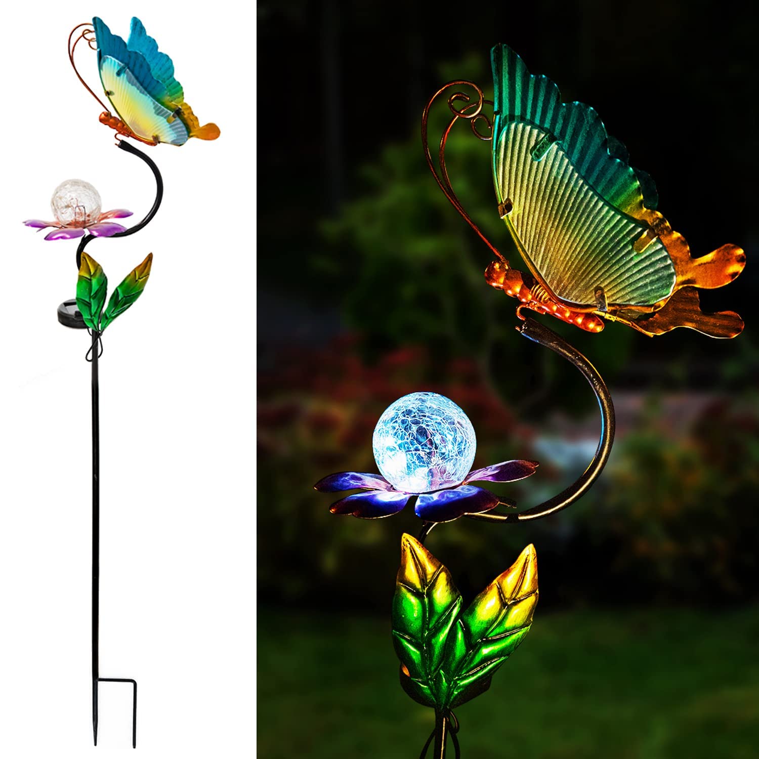 Solar Garden Lights - Metal Butterfly Decorative Stake with Glass Accents, Waterproof Outdoor Solar Pathway Lights for Lawn, Patio, Yard & Flower Beds | Perfect for Landscape Lighting, Walkway Decoration & Backyard Ambience