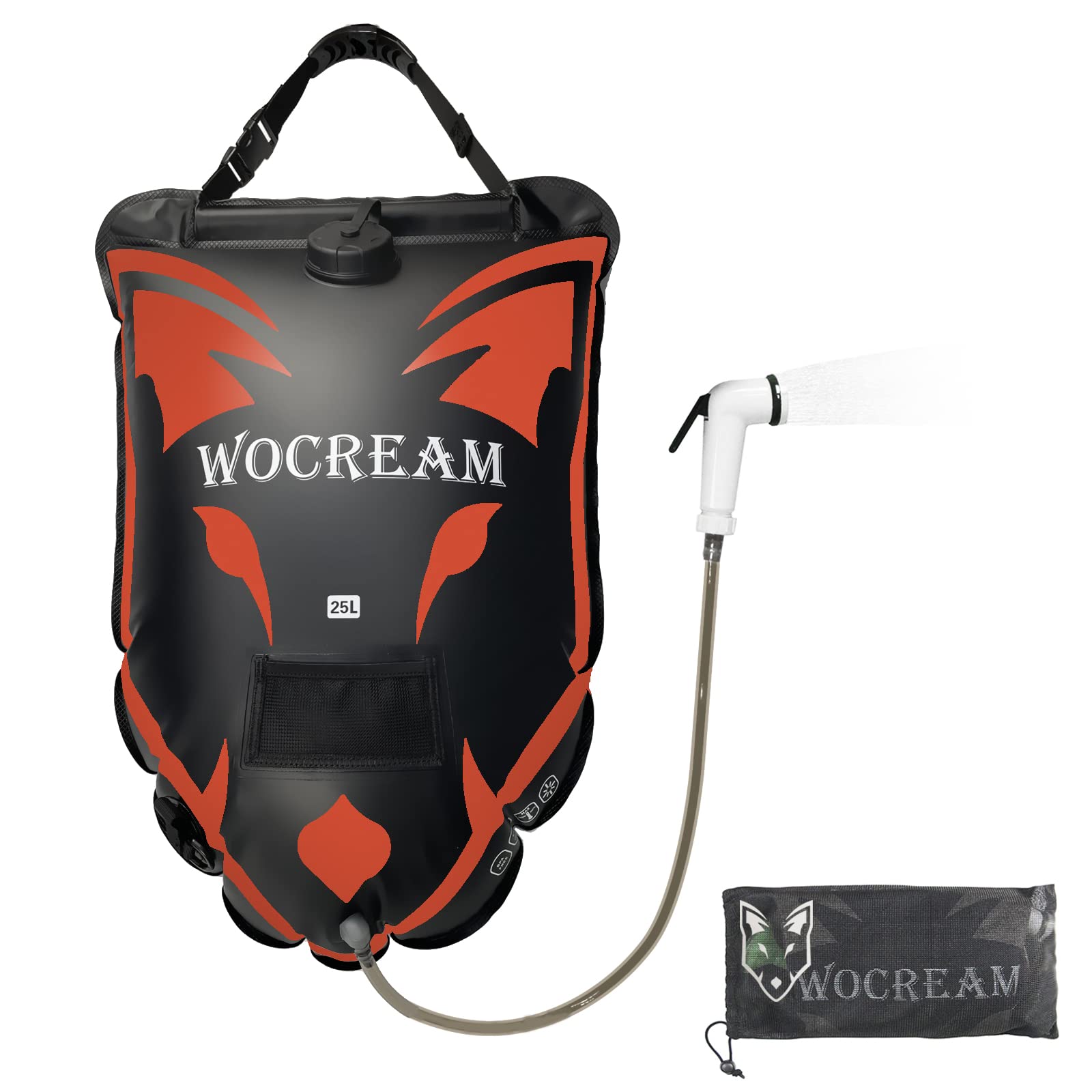 Wocream 6.6 Gallon (25L) Solar Camping Shower Bag with Wolf-Head Design - Portable Outdoor Shower with Large Water Flow & Handheld Shower Head - Perfect for Camping, Hiking, Beach Trips & Emergency Preparedness