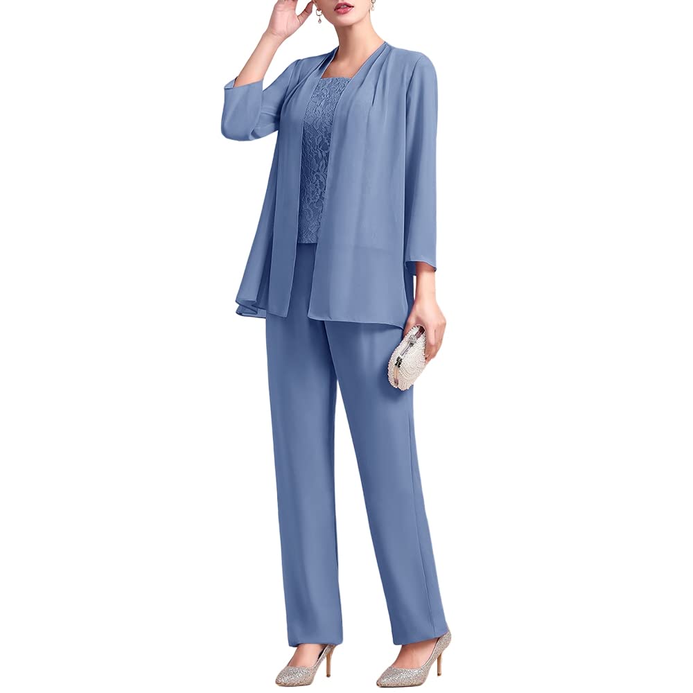 Elegant Women's Chiffon 3-Piece Pantsuit Set with Lace Details - Mother of the Bride Dress & Wedding Guest Outfit for Formal Evening Occasions | Perfect for Weddings, Galas, and Special Events
