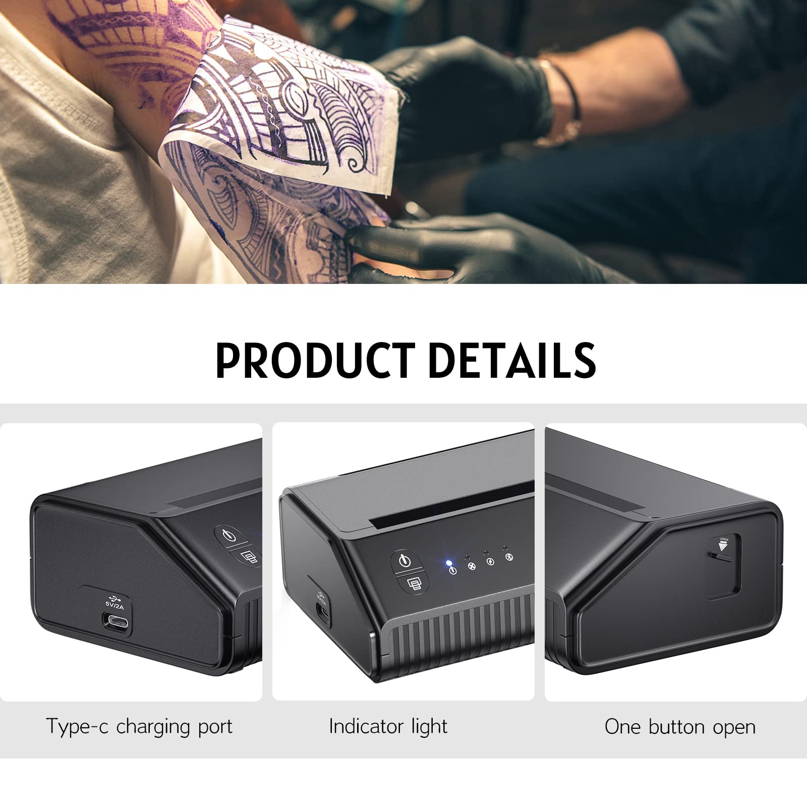 BIOMASER Wireless Thermal Printer for Tattoo Stencils - A4 Bluetooth Thermal Transfer Printer Compatible with iOS & Android Smartphones - Perfect for Tattoo Artists, Body Art Professionals & Temporary Tattoo Designs